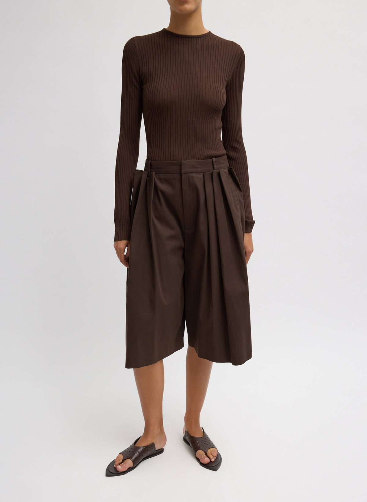 Luxe Spring Twill Tucked Pleated Wide Leg Short | Tibi Hickory Brown
