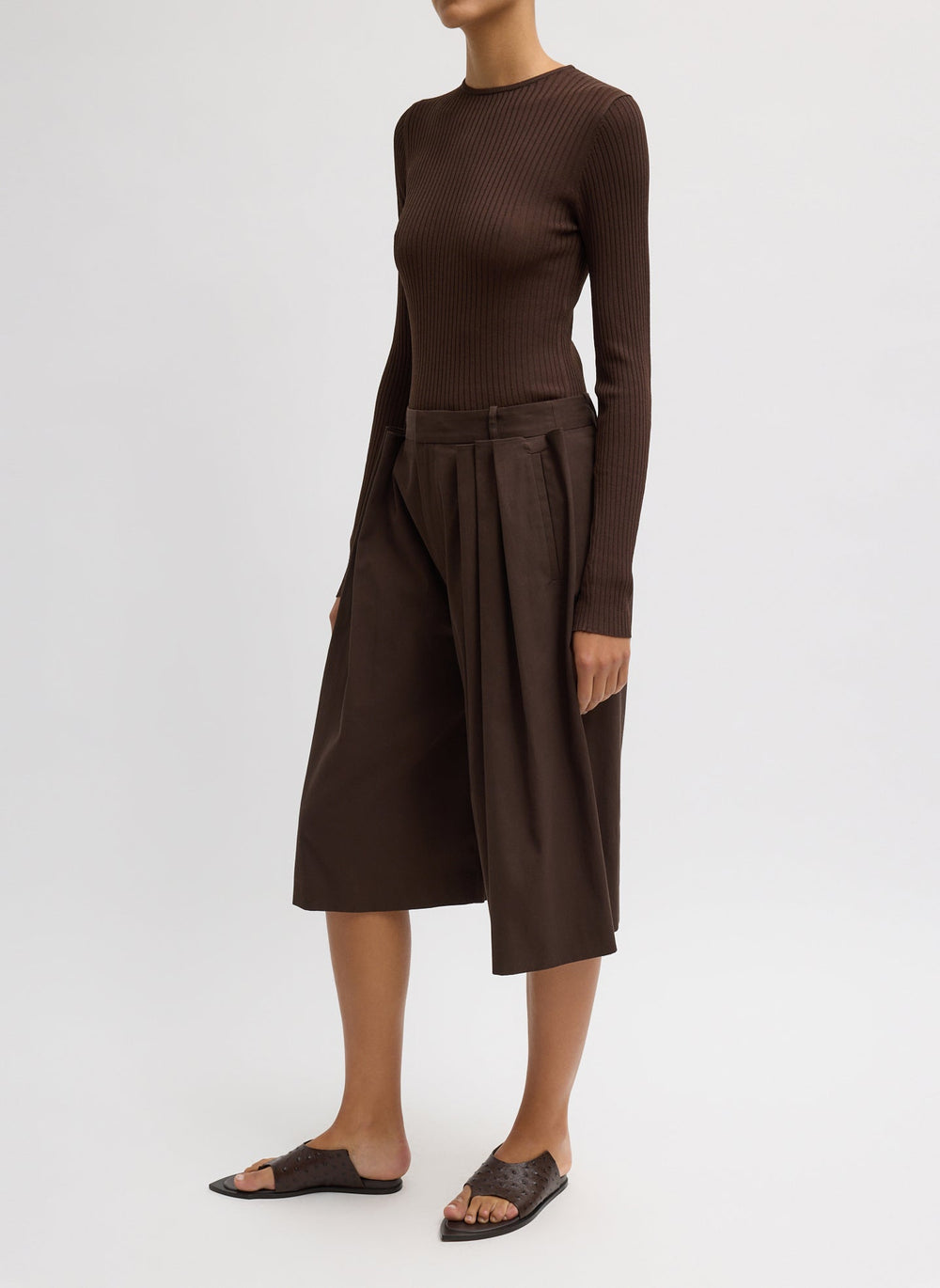 Luxe Spring Twill Tucked Pleated Wide Leg Short | Tibi Hickory Brown