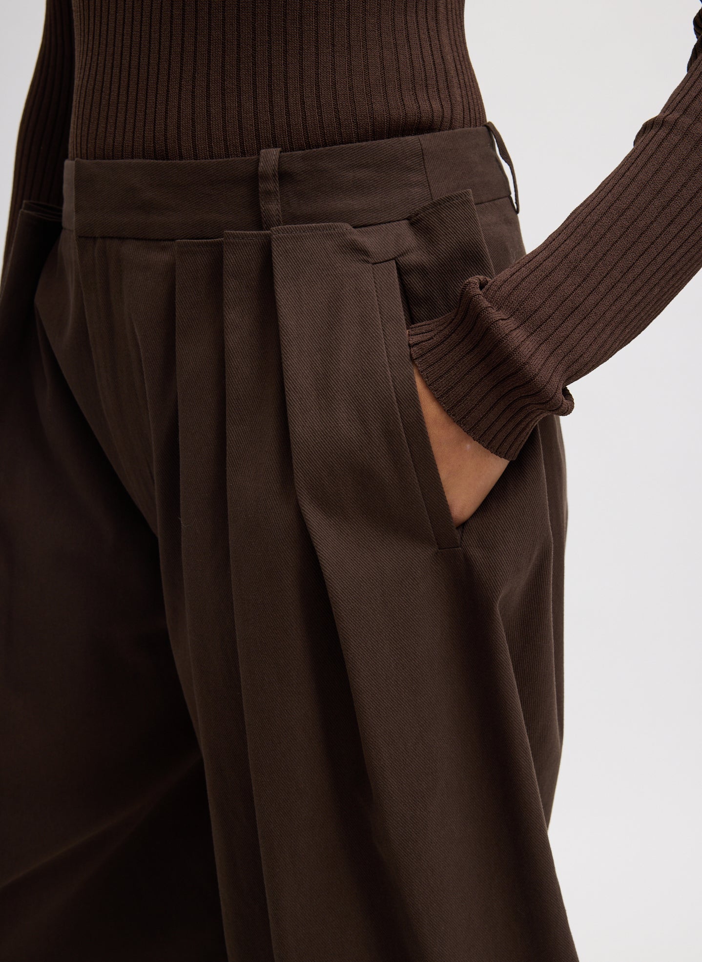 Luxe Spring Twill Tucked Pleated Wide Leg Short | Tibi Hickory Brown