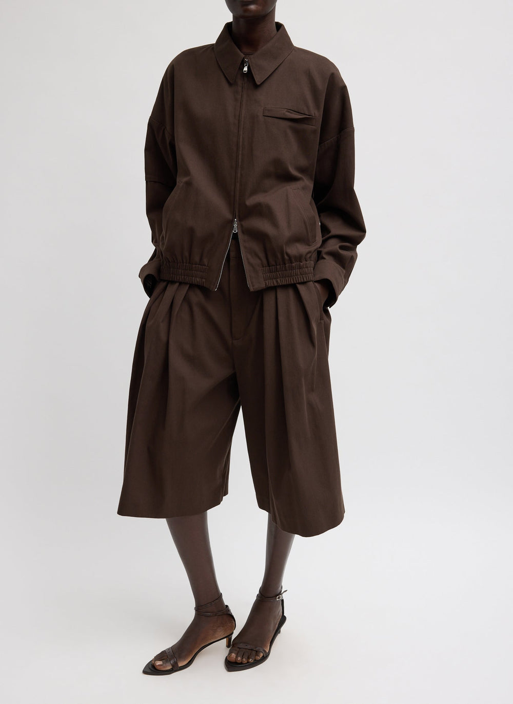 Luxe Spring Twill Tucked Pleated Wide Leg Short | Tibi Hickory Brown