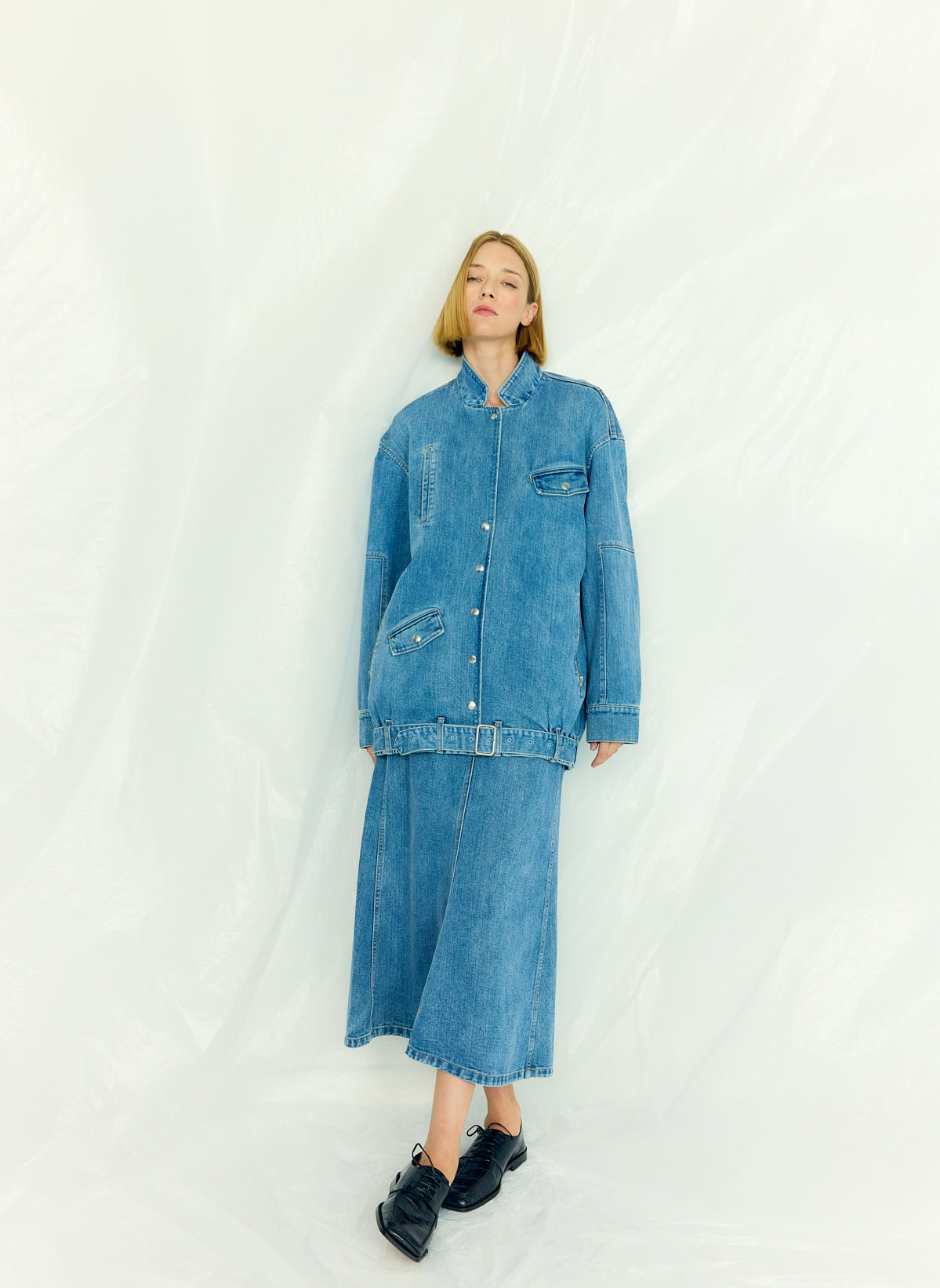 Classic Denim Sculpted Silke Skirt | Tibi Classic Blue