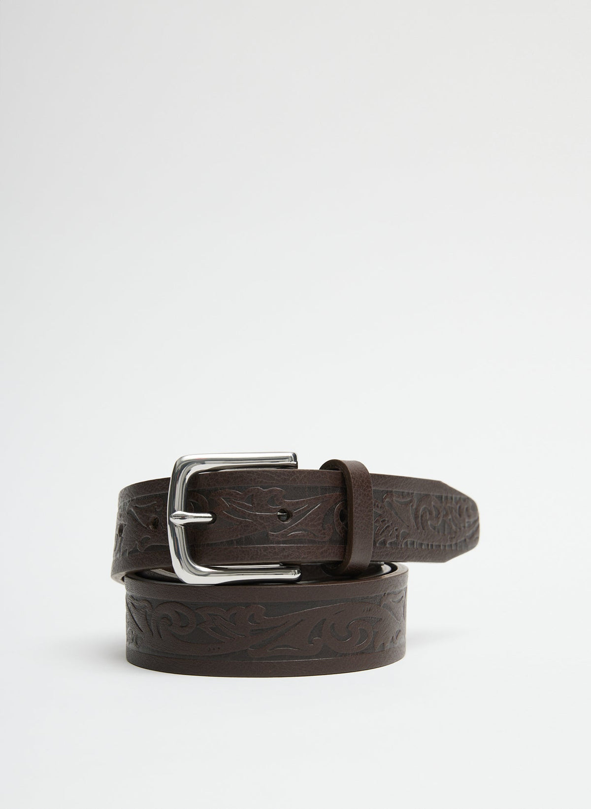 Classic Men's Tooled Leather Belt | Tibi Dark Brown