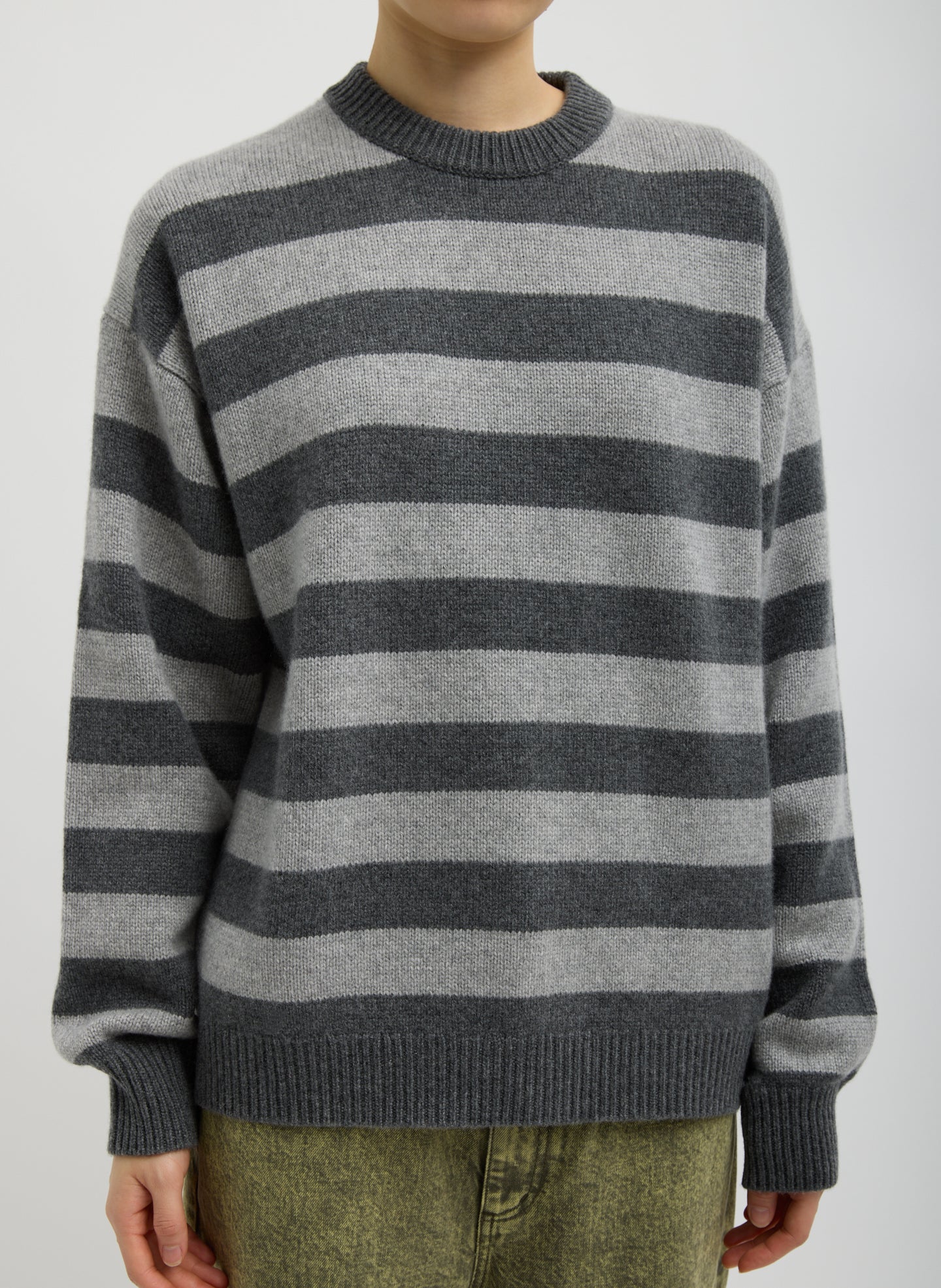 Striped Cashmere Crewneck Easy Pullover | Tibi Grey Multi