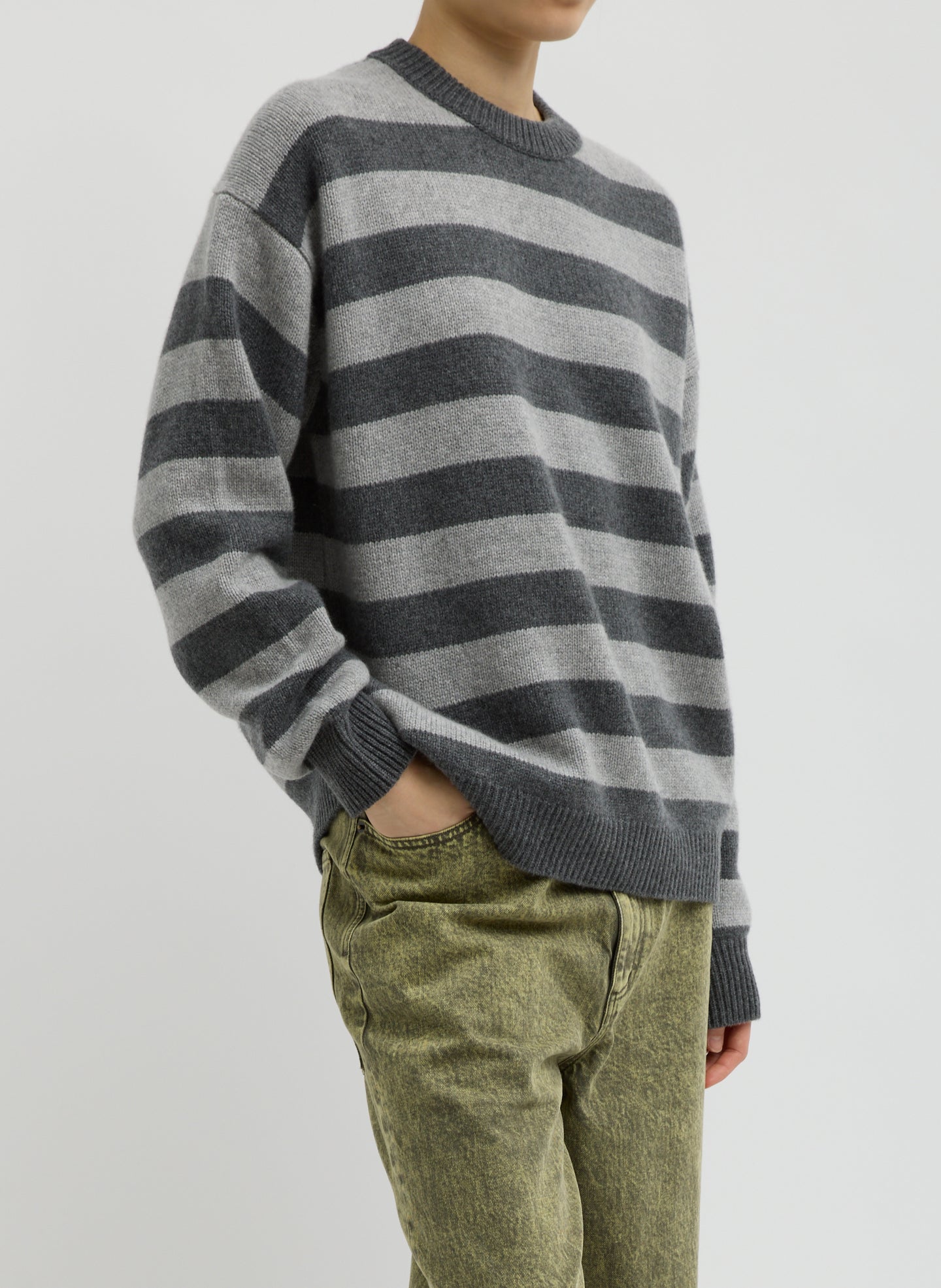 Striped Cashmere Crewneck Easy Pullover | Tibi Grey Multi