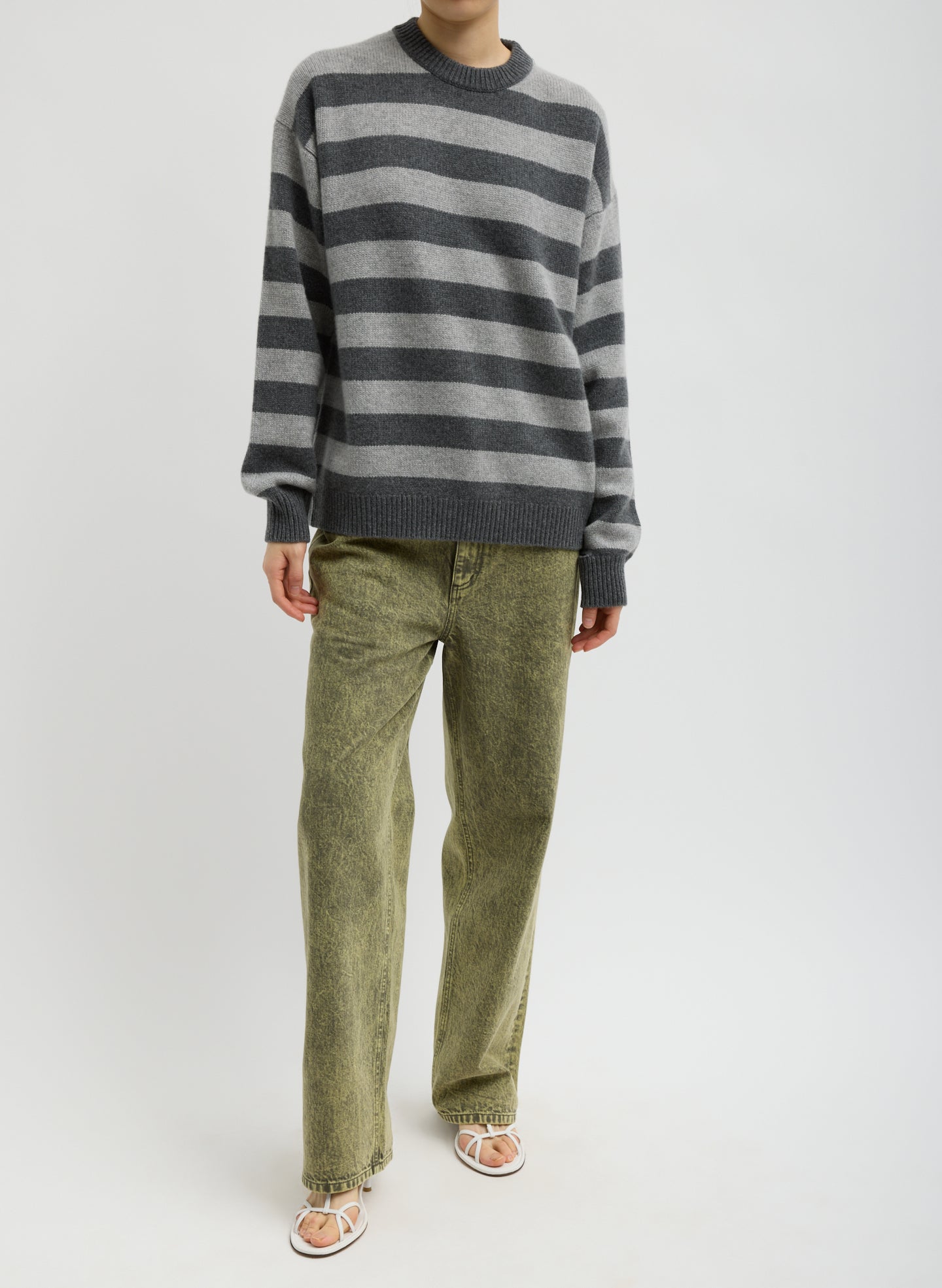 Striped Cashmere Crewneck Easy Pullover | Tibi Grey Multi