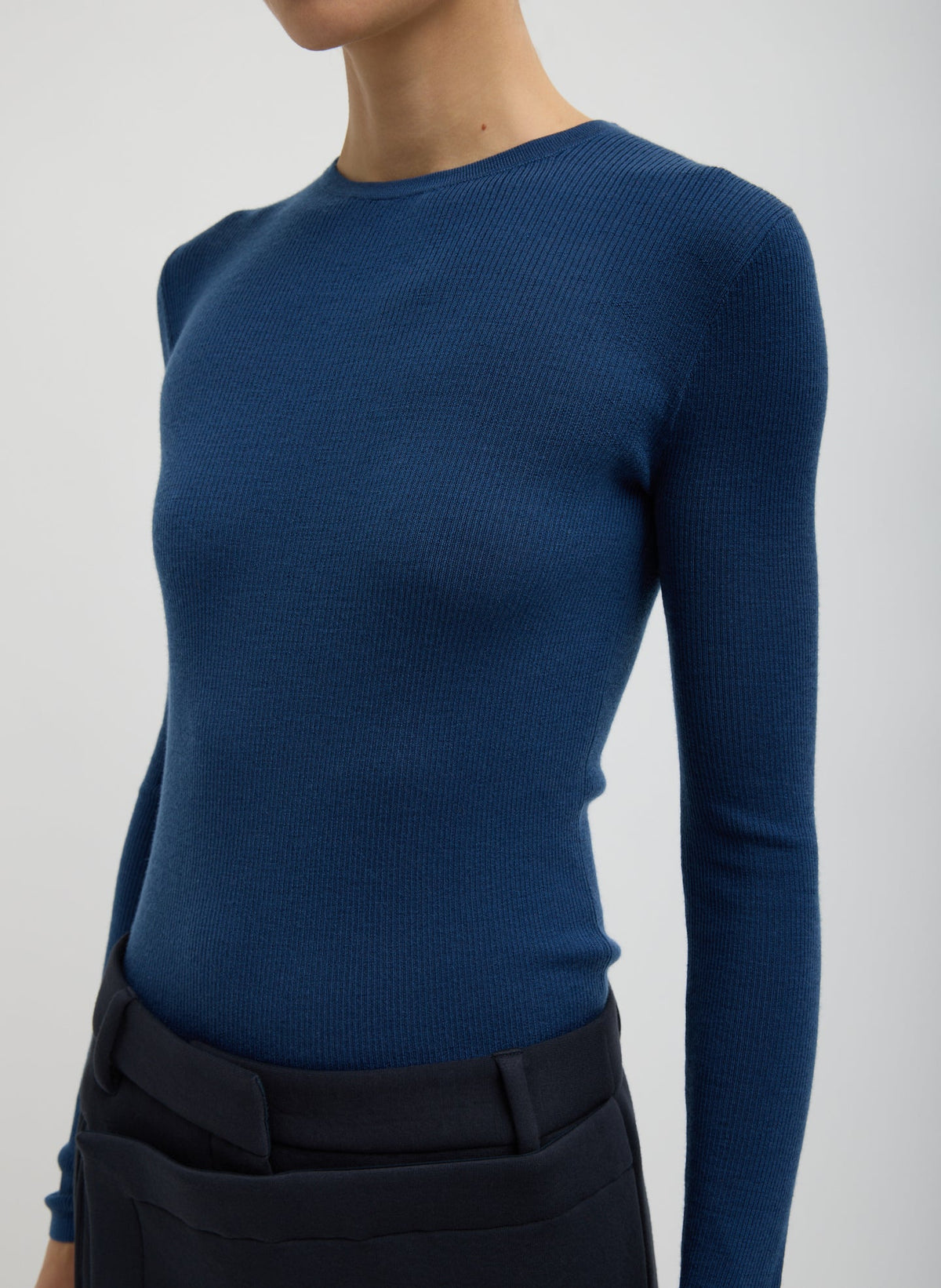 Featherweight Ribbed Sweater Crewneck Pullover | Tibi Seal Blue