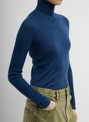 Featherweight Ribbed Sweater Turtleneck Pullover | Tibi Seal Blue