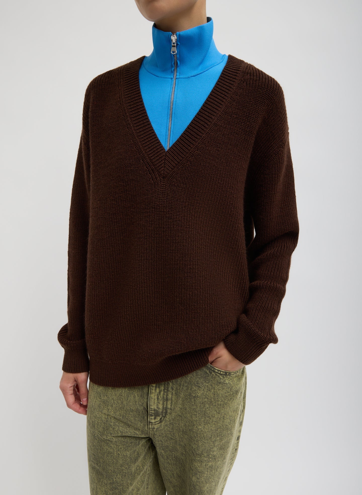 Cardigan Stitch V-Neck With Removable Dickie | Tibi Brown