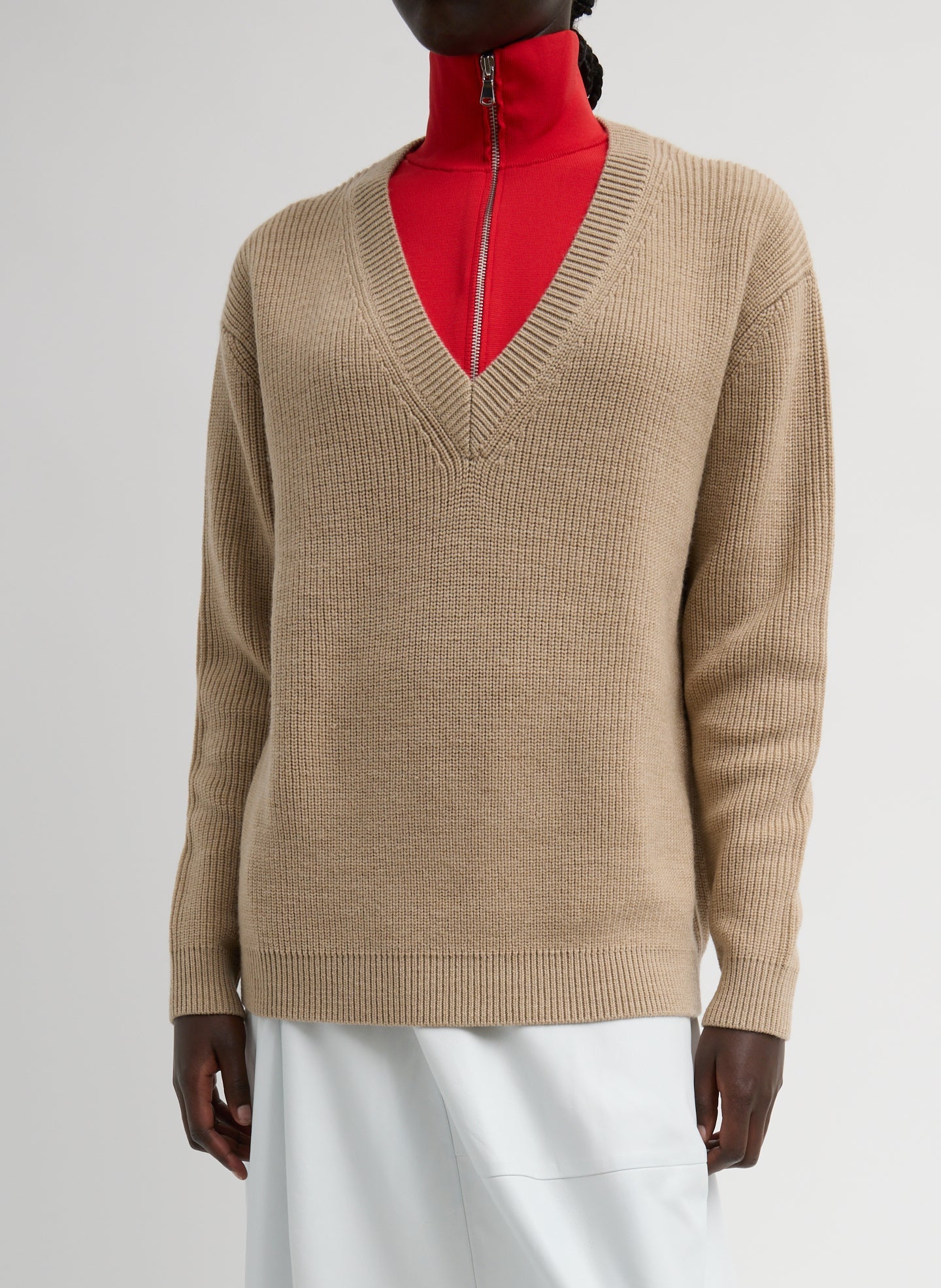 Cardigan Stitch V-Neck With Removable Dickie | Tibi Latte