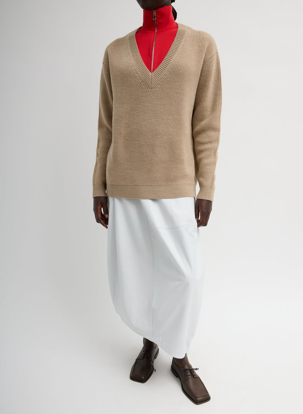 Cardigan Stitch V-Neck With Removable Dickie | Tibi Latte