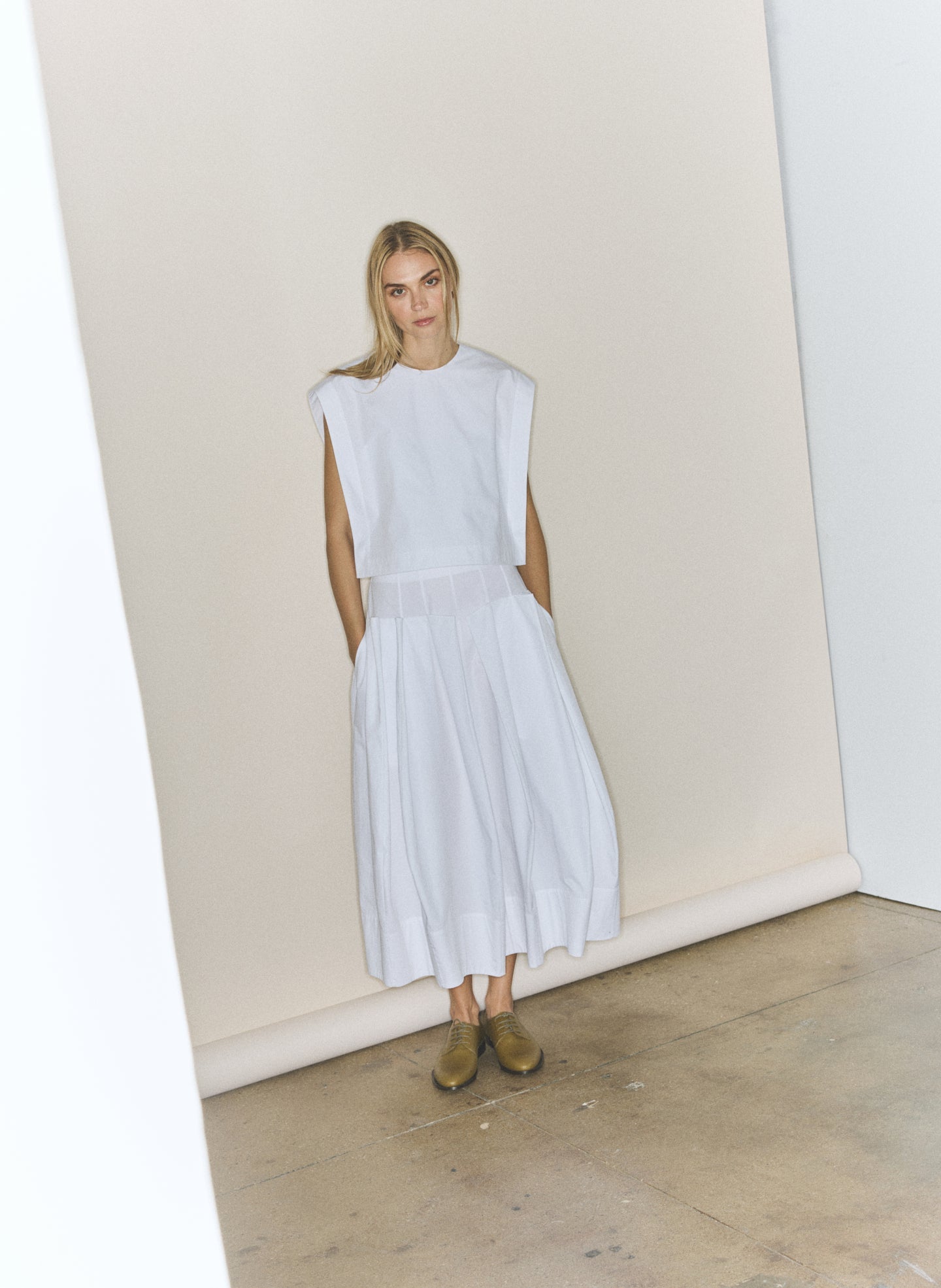 Compact Eco Poplin Cropped Square Top | Tibi White
