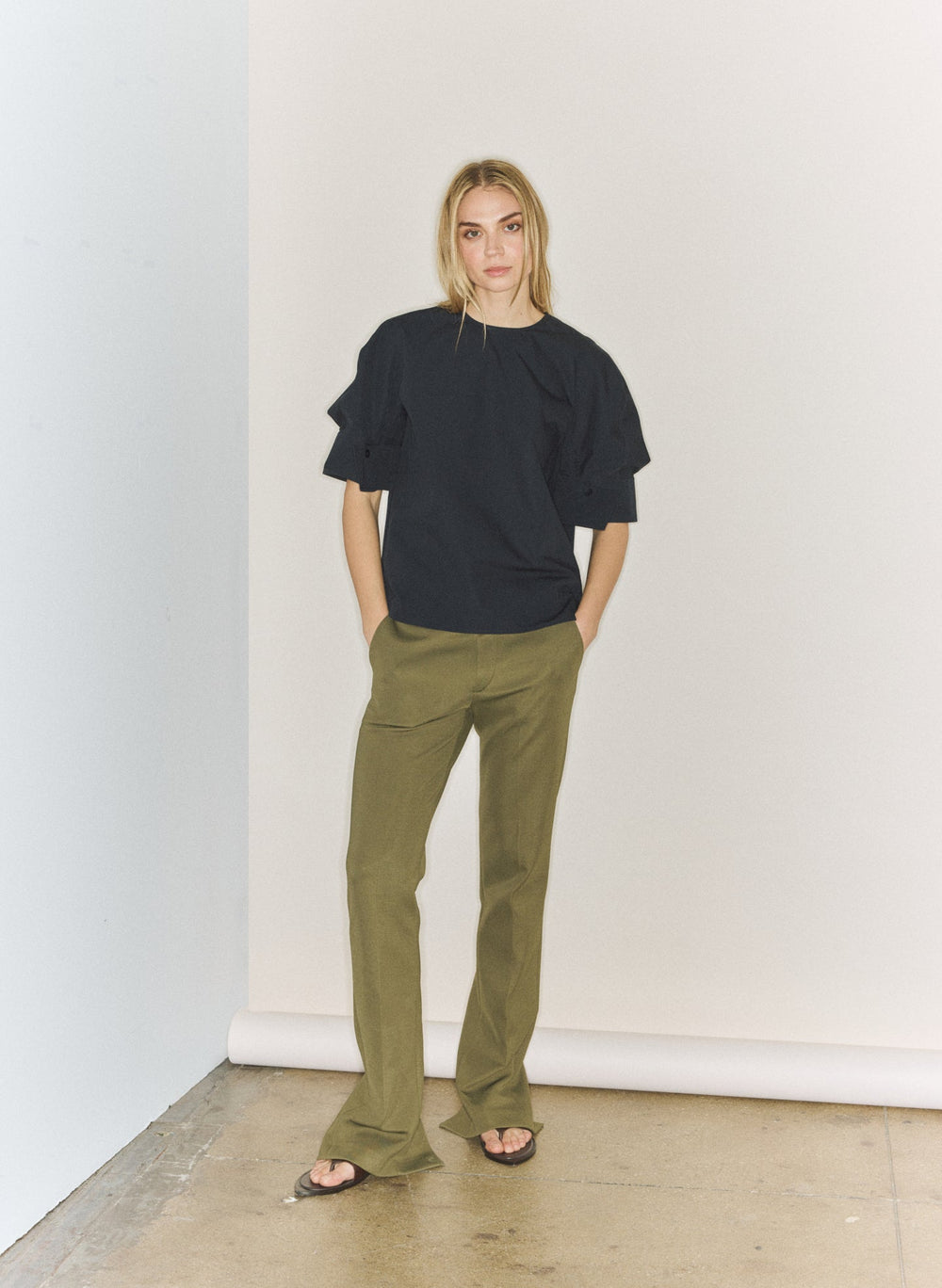 Compact Eco Poplin Reverse Sleeve Top | Tibi Navy