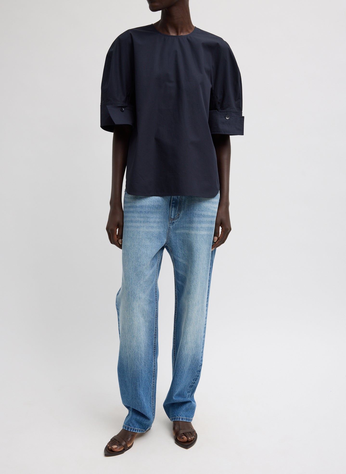 Compact Eco Poplin Reverse Sleeve Top | Tibi Navy