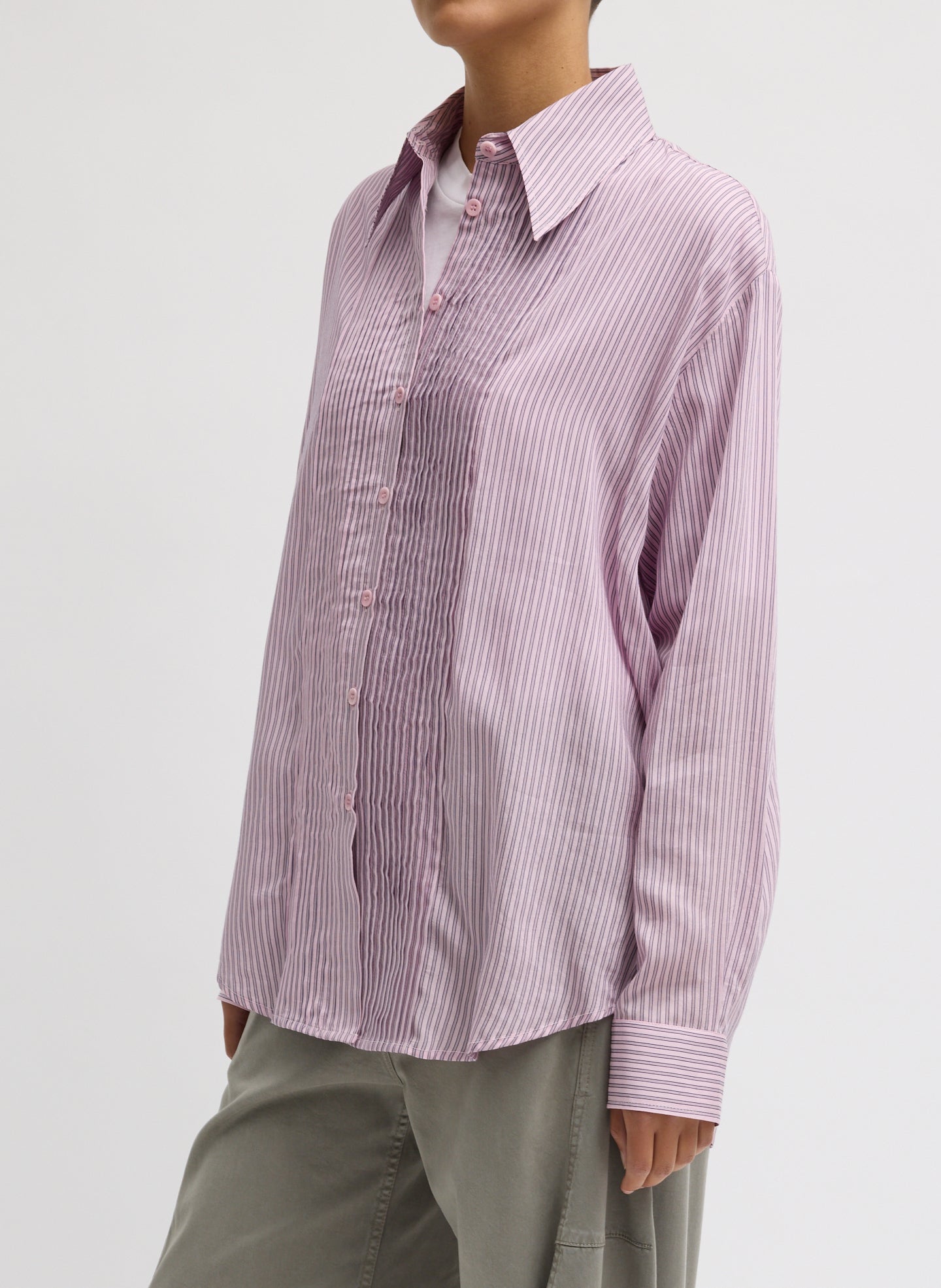 Ultra Light Silk Tencel Striped Pintucked Shirt | Tibi Pink Multi