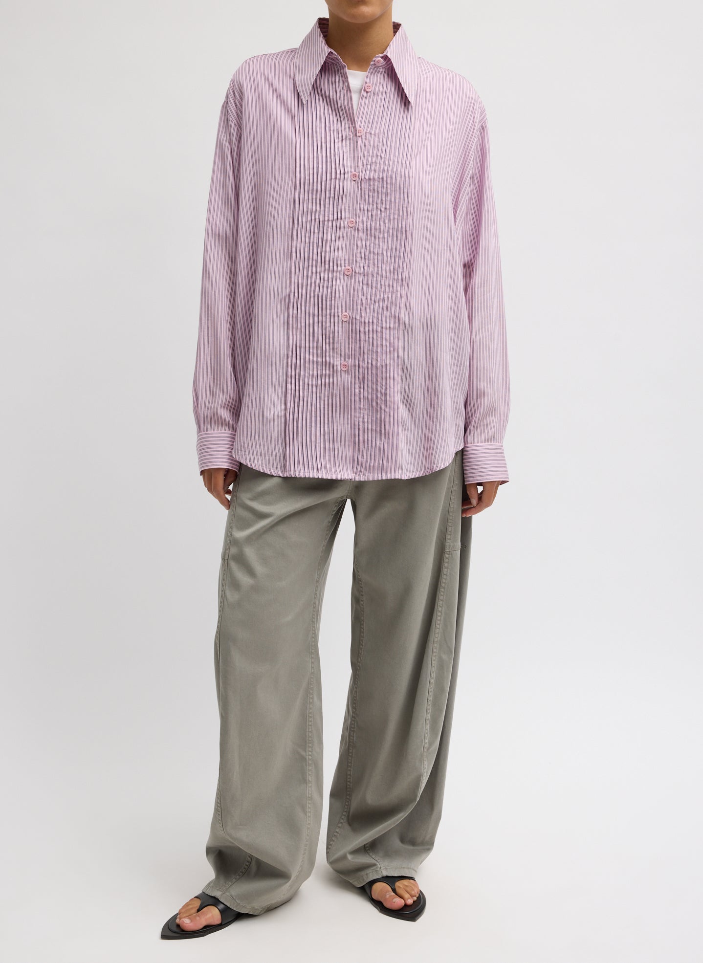 Ultra Light Silk Tencel Striped Pintucked Shirt | Tibi Pink Multi