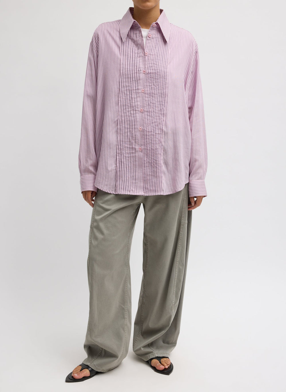 Ultra Light Silk Tencel Striped Pintucked Shirt | Tibi Pink Multi