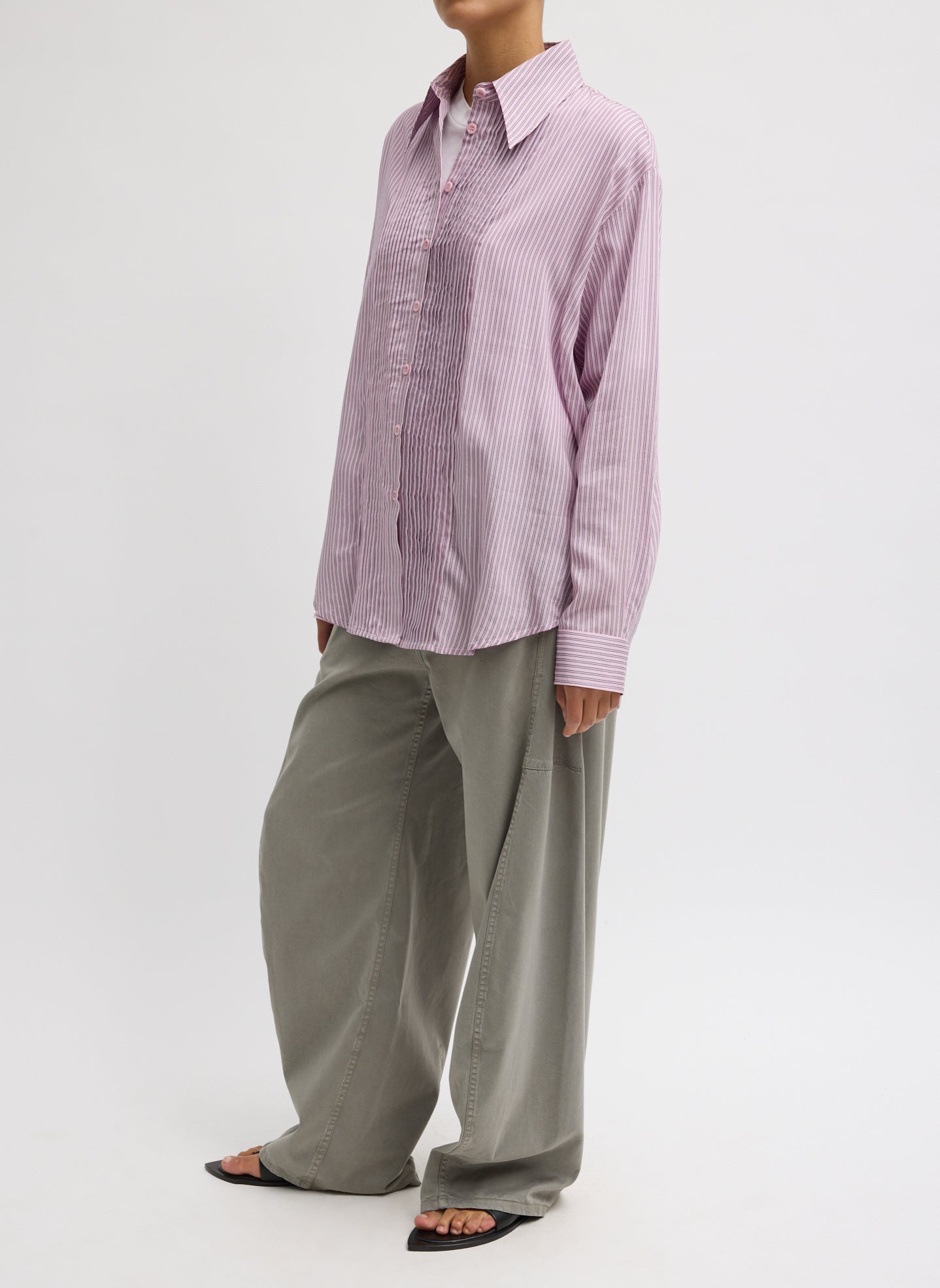 Ultra Light Silk Tencel Striped Pintucked Shirt | Tibi Pink Multi