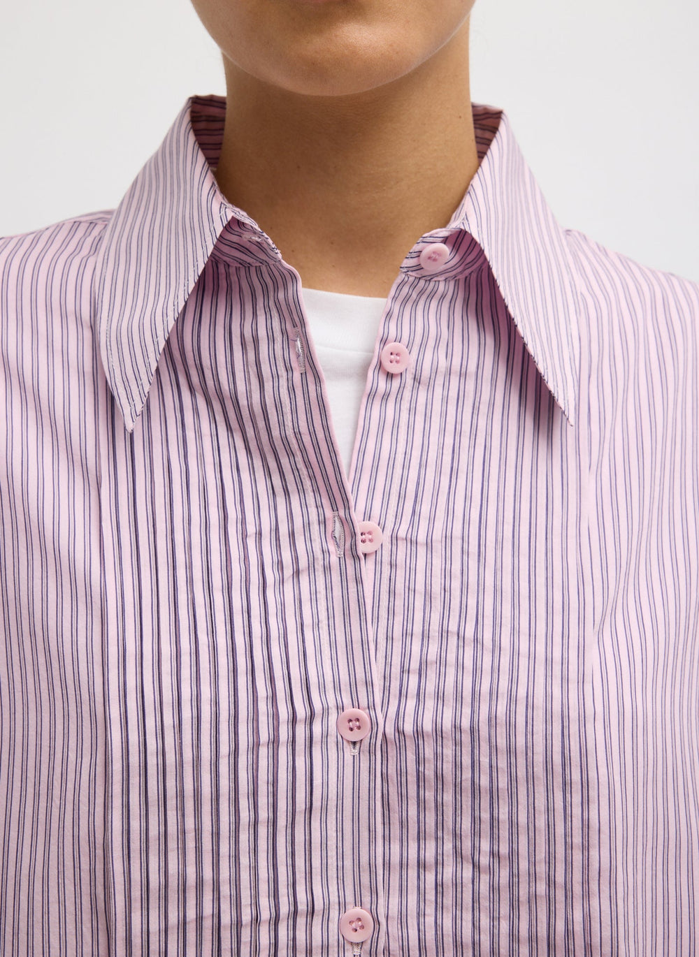 Ultra Light Silk Tencel Striped Pintucked Shirt | Tibi Pink Multi