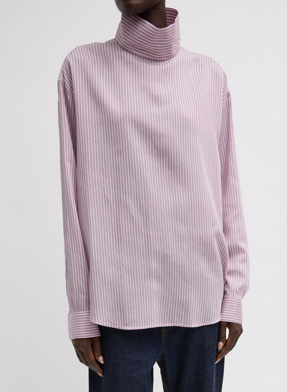 Ultra Light Silk Tencel Striped Funnel Neck Shirt | Tibi Pink Multi