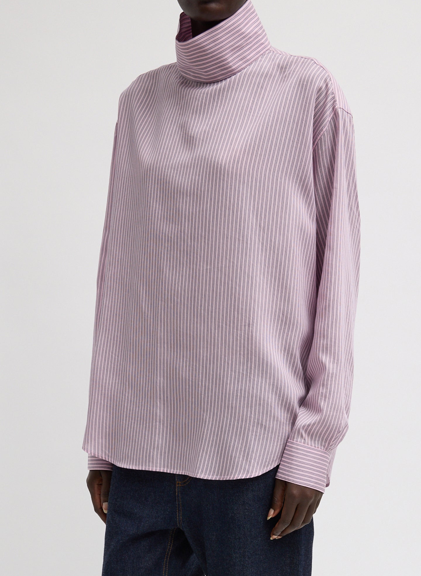 Ultra Light Silk Tencel Striped Funnel Neck Shirt | Tibi Pink Multi