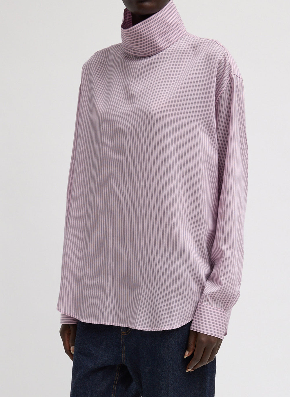 Ultra Light Silk Tencel Striped Funnel Neck Shirt | Tibi Pink Multi