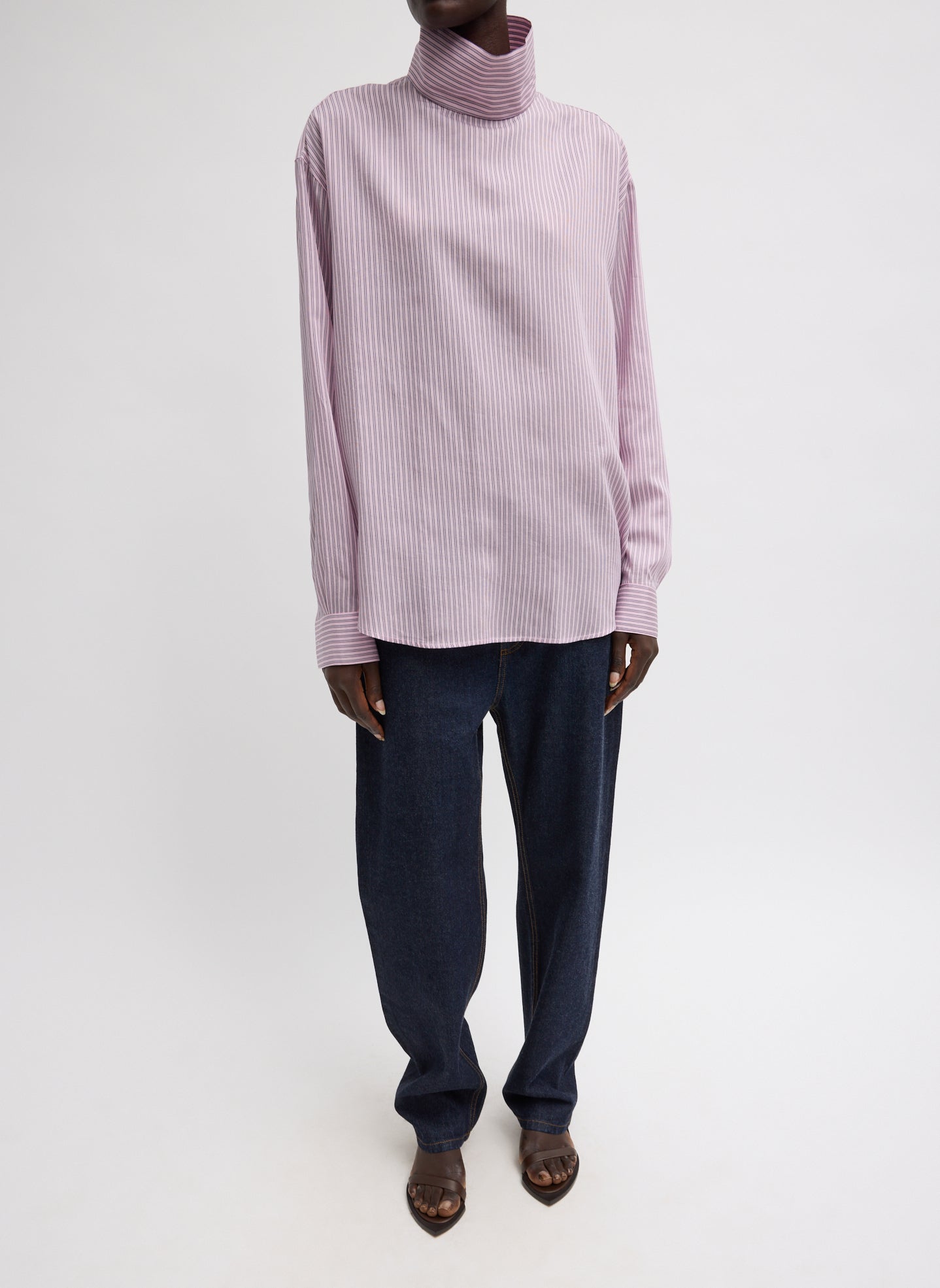 Ultra Light Silk Tencel Striped Funnel Neck Shirt | Tibi Pink Multi