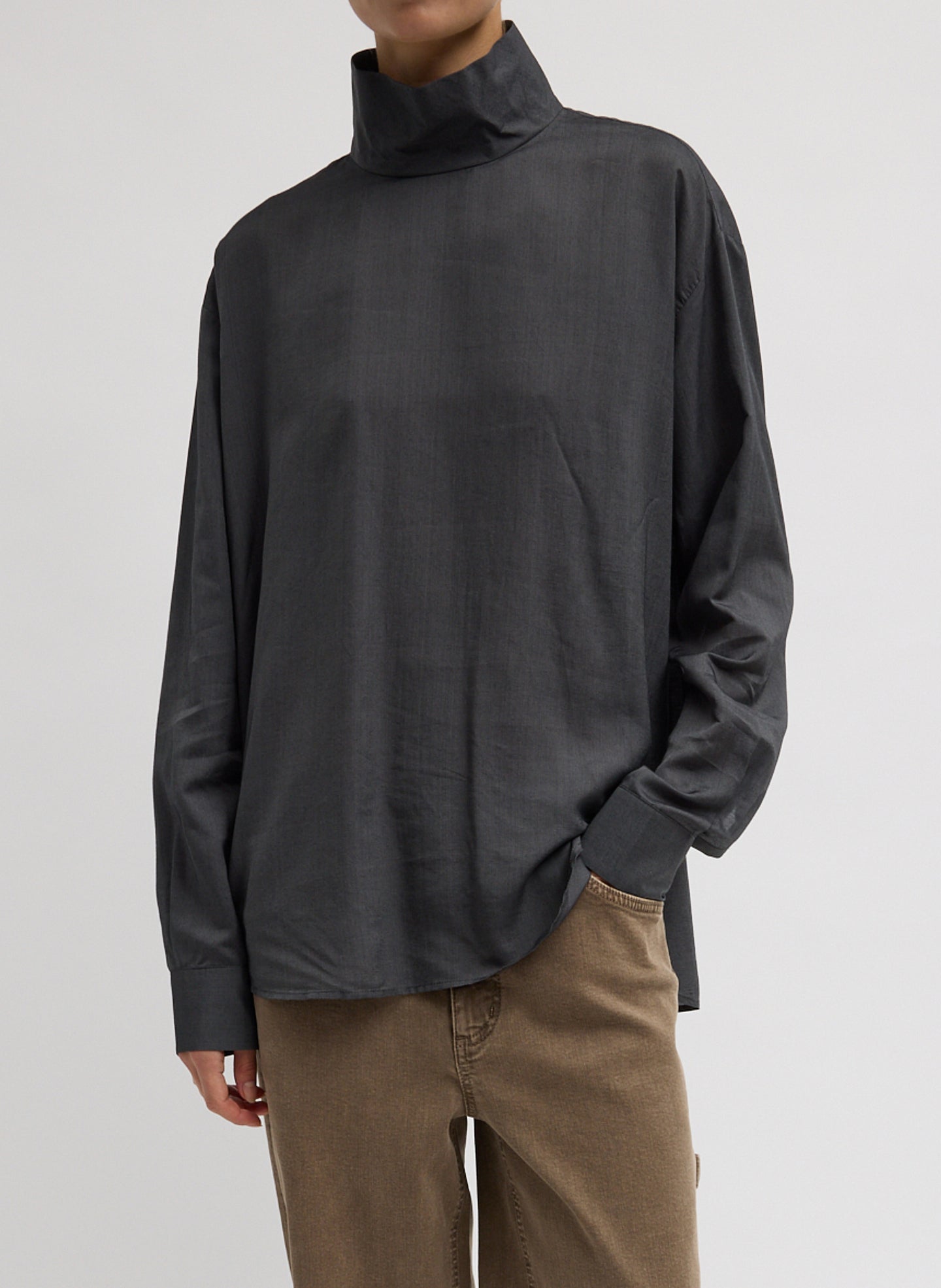 Ultra Light Silk Tencel Funnel Neck Shirt | Tibi Black