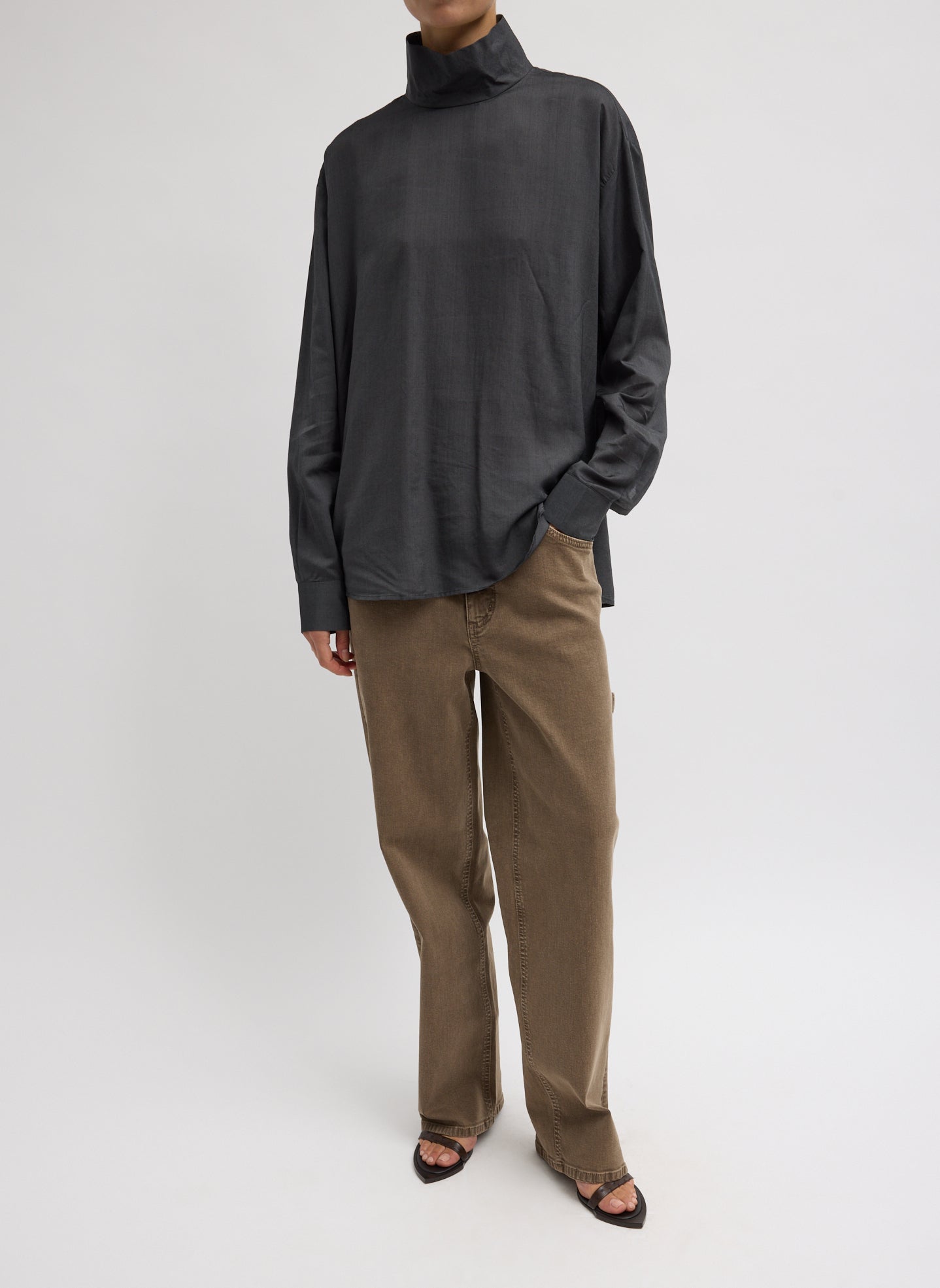 Ultra Light Silk Tencel Funnel Neck Shirt | Tibi Black
