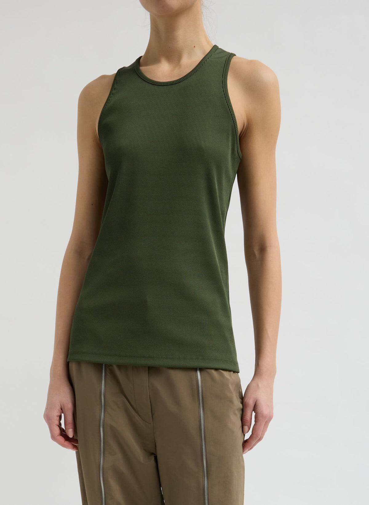Stretch Luxe Ribbed Tank Top | Tibi Dark Moss