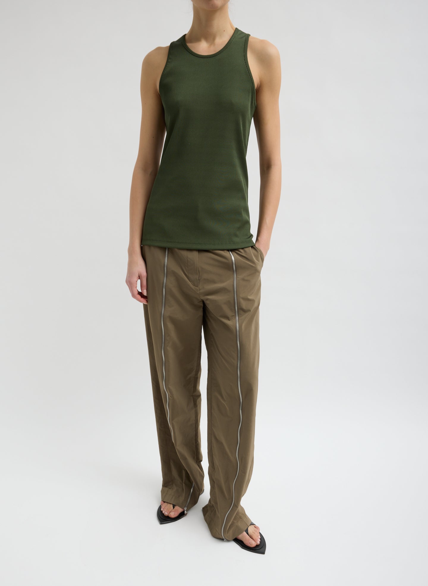 Stretch Luxe Ribbed Tank Top | Tibi Dark Moss