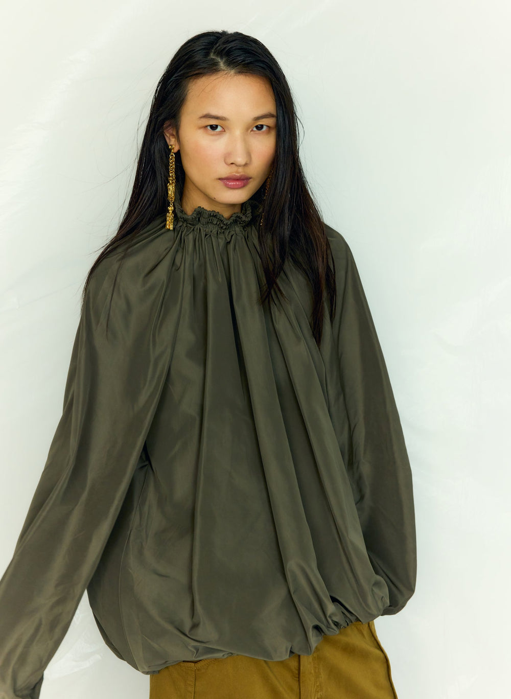 Italian Sporty Nylon Shirred Anorak Top | Tibi Dark Hazelnut