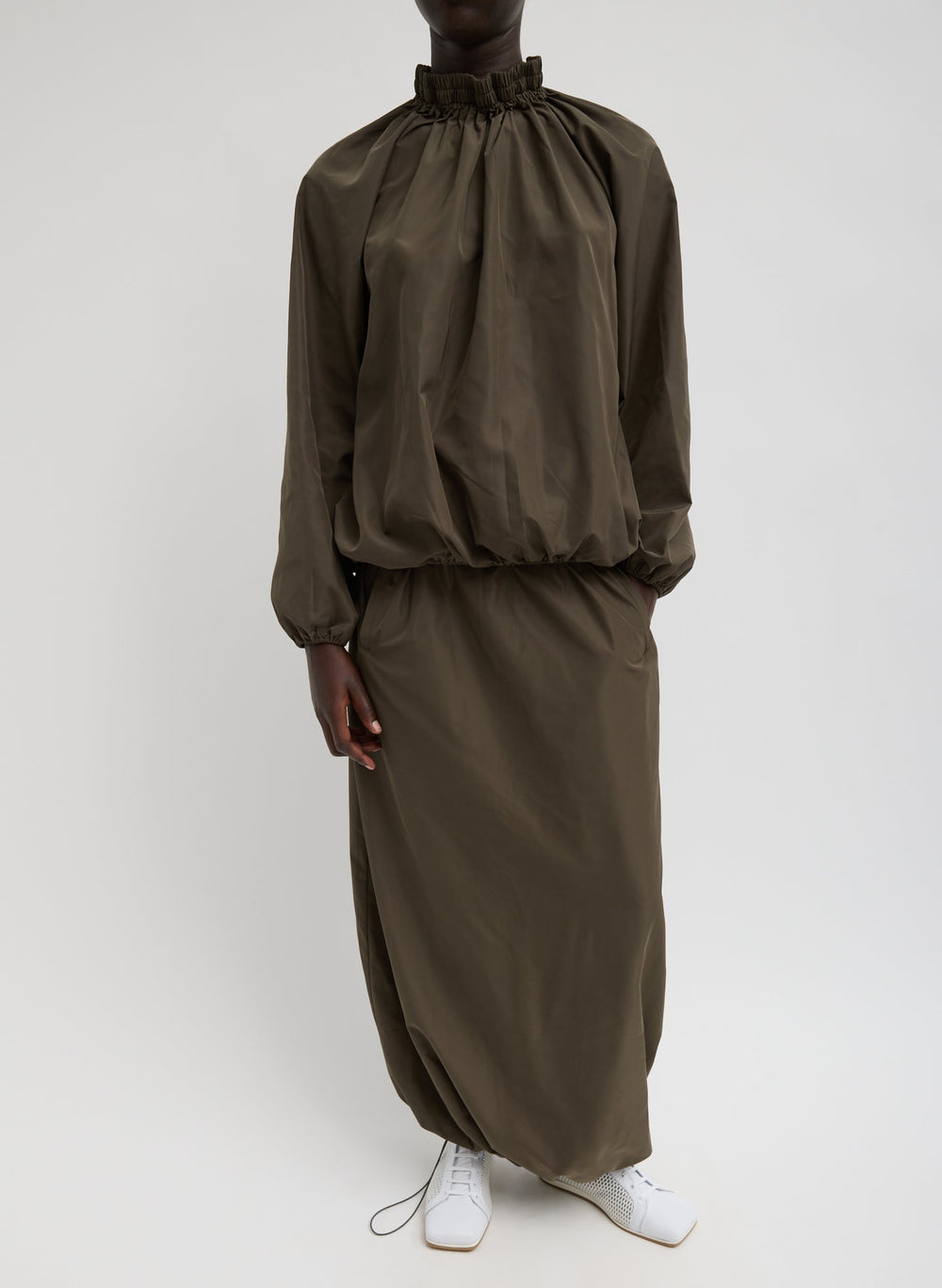 Italian Sporty Nylon Shirred Anorak Top | Tibi Dark Hazelnut