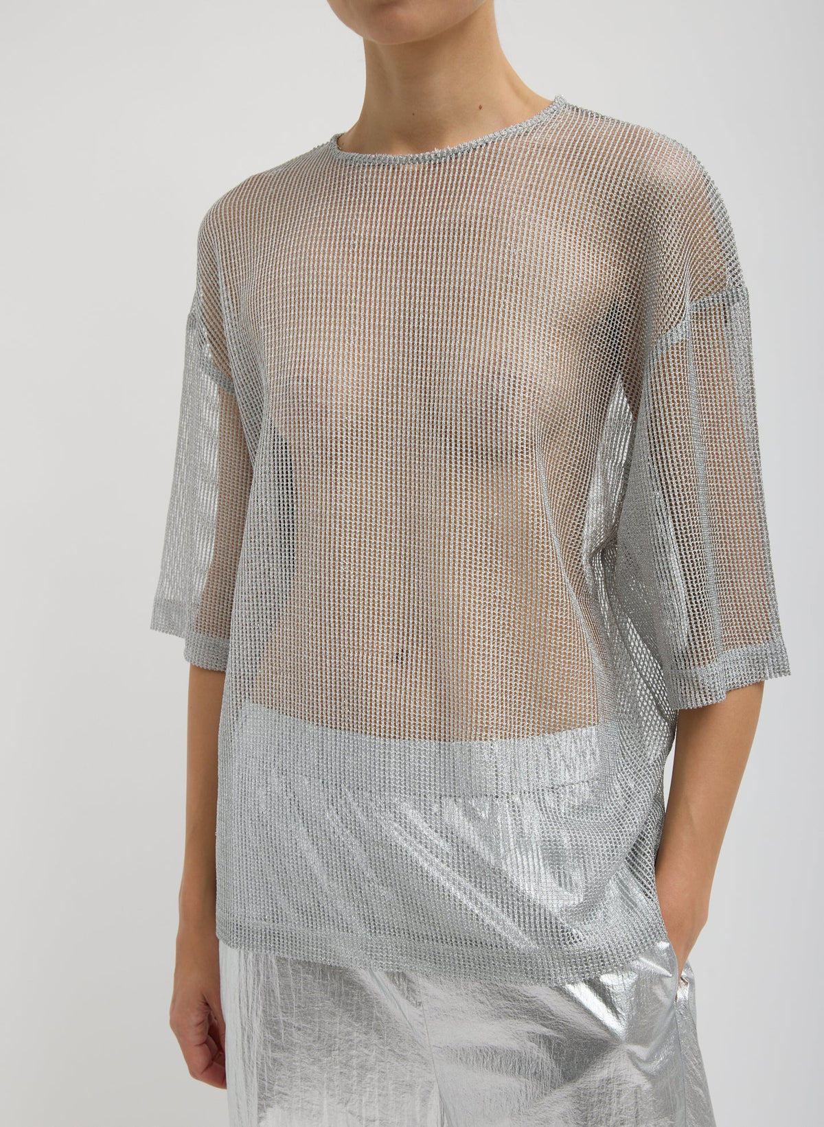 Viscose Metallic Mesh Easy T-Shirt | Tibi Silver