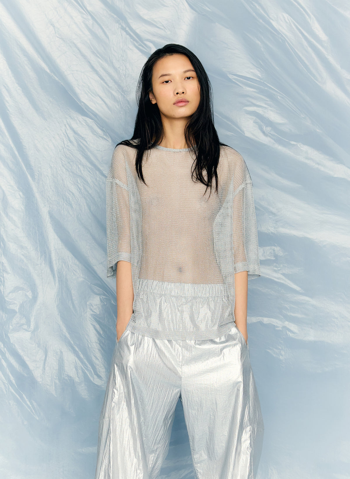 Viscose Metallic Mesh Easy T-Shirt | Tibi Silver