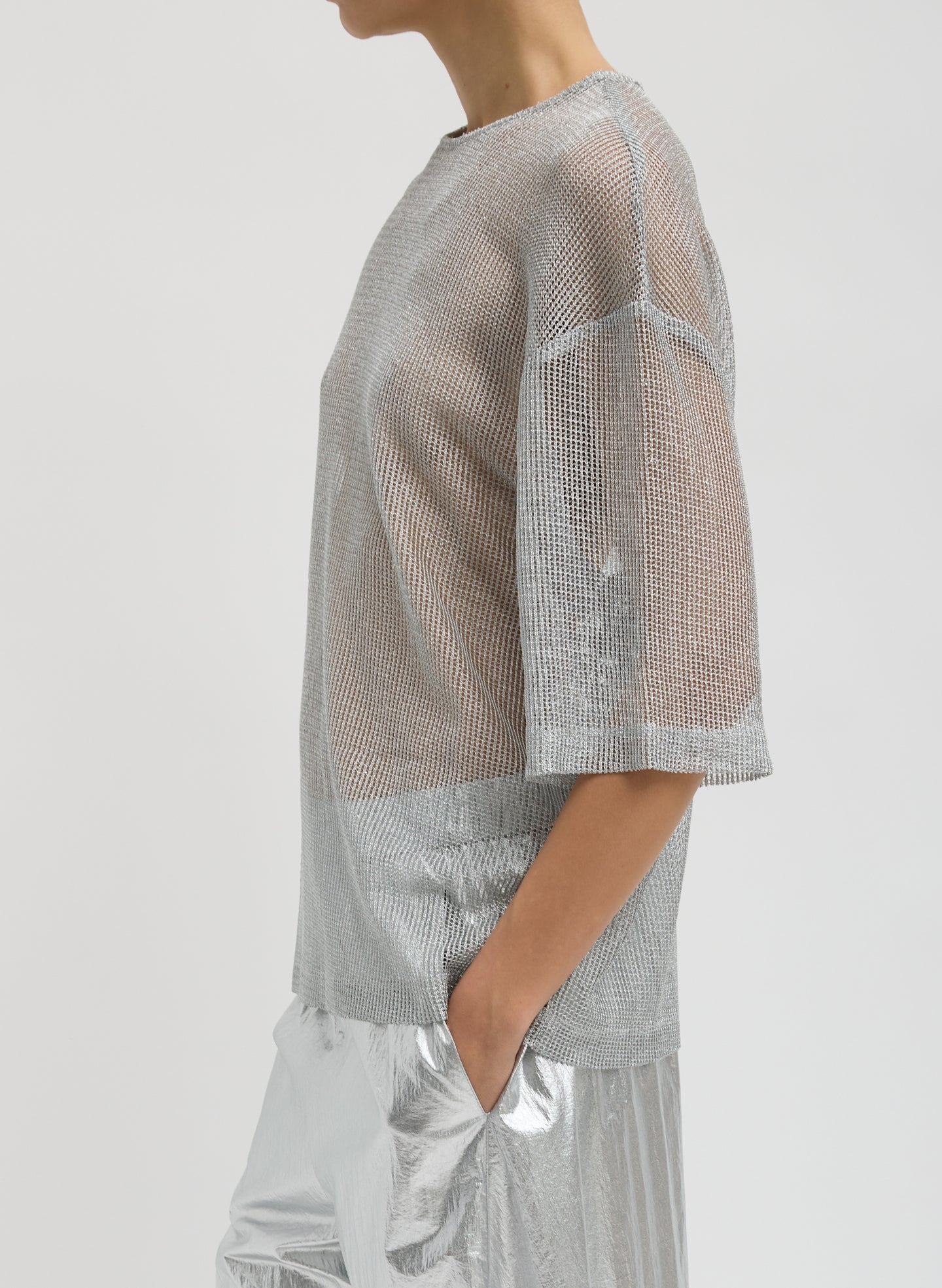Viscose Metallic Mesh Easy T-Shirt | Tibi Silver