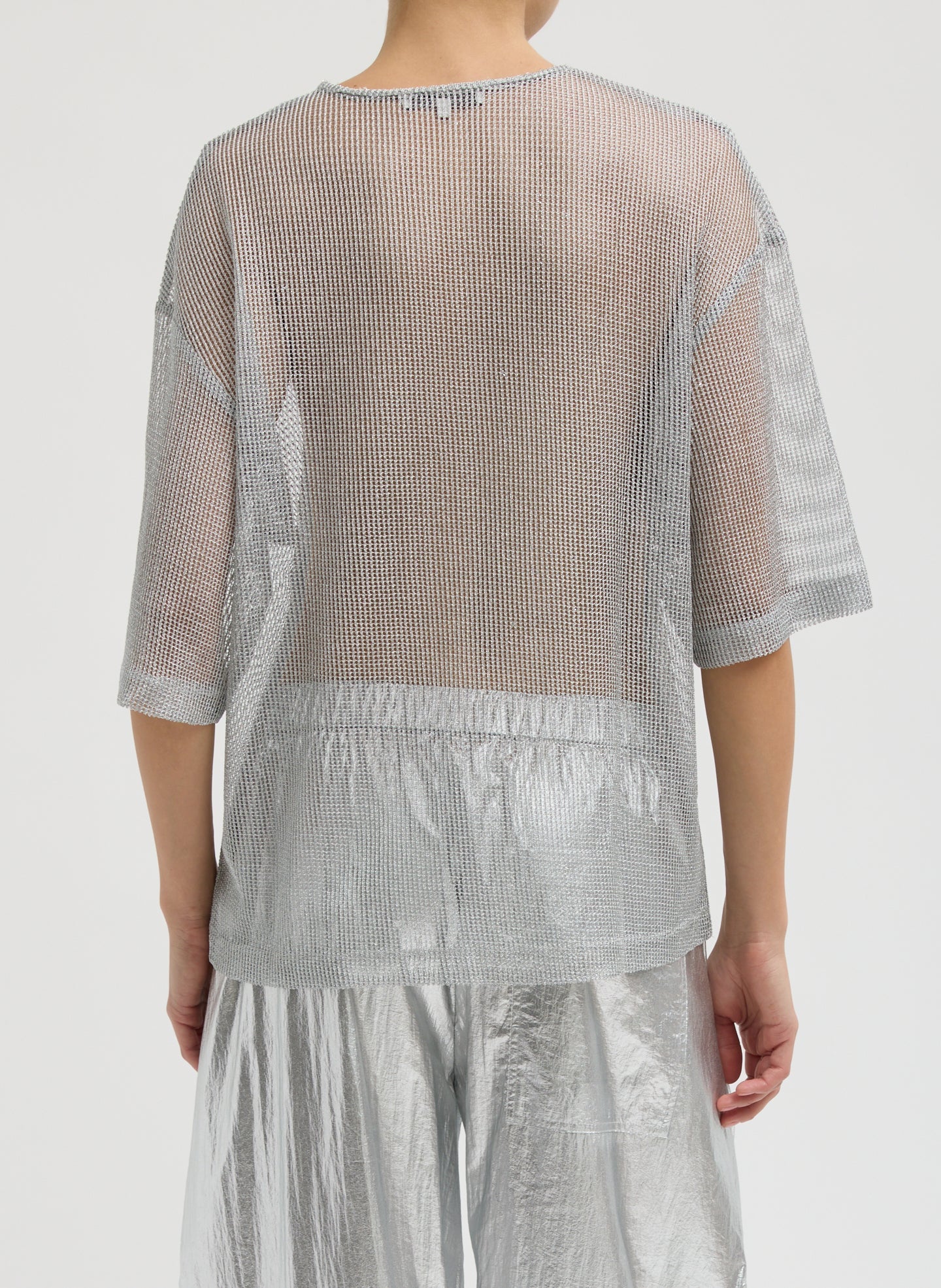 Viscose Metallic Mesh Easy T-Shirt | Tibi Silver