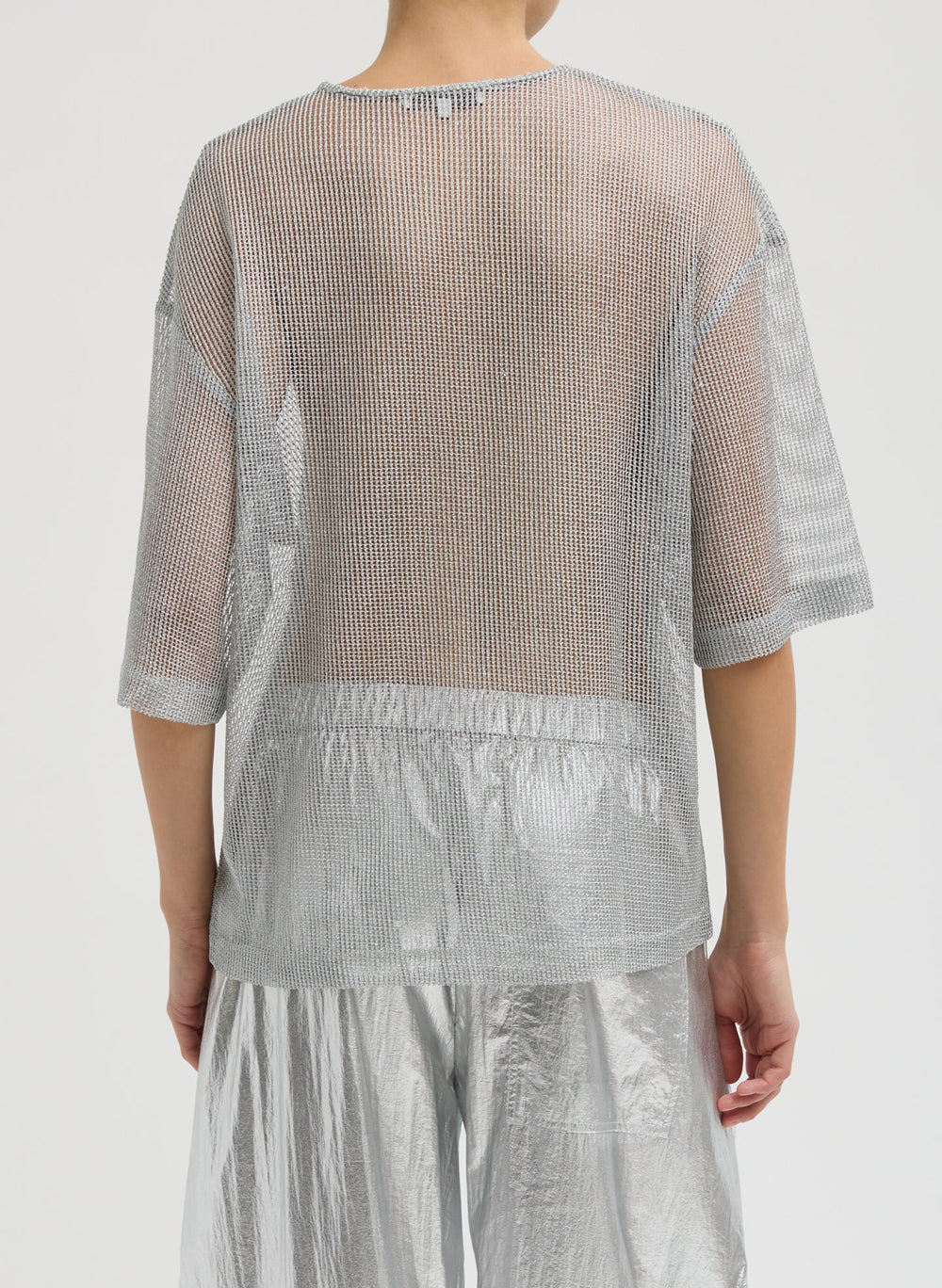 Viscose Metallic Mesh Easy T-Shirt | Tibi Silver