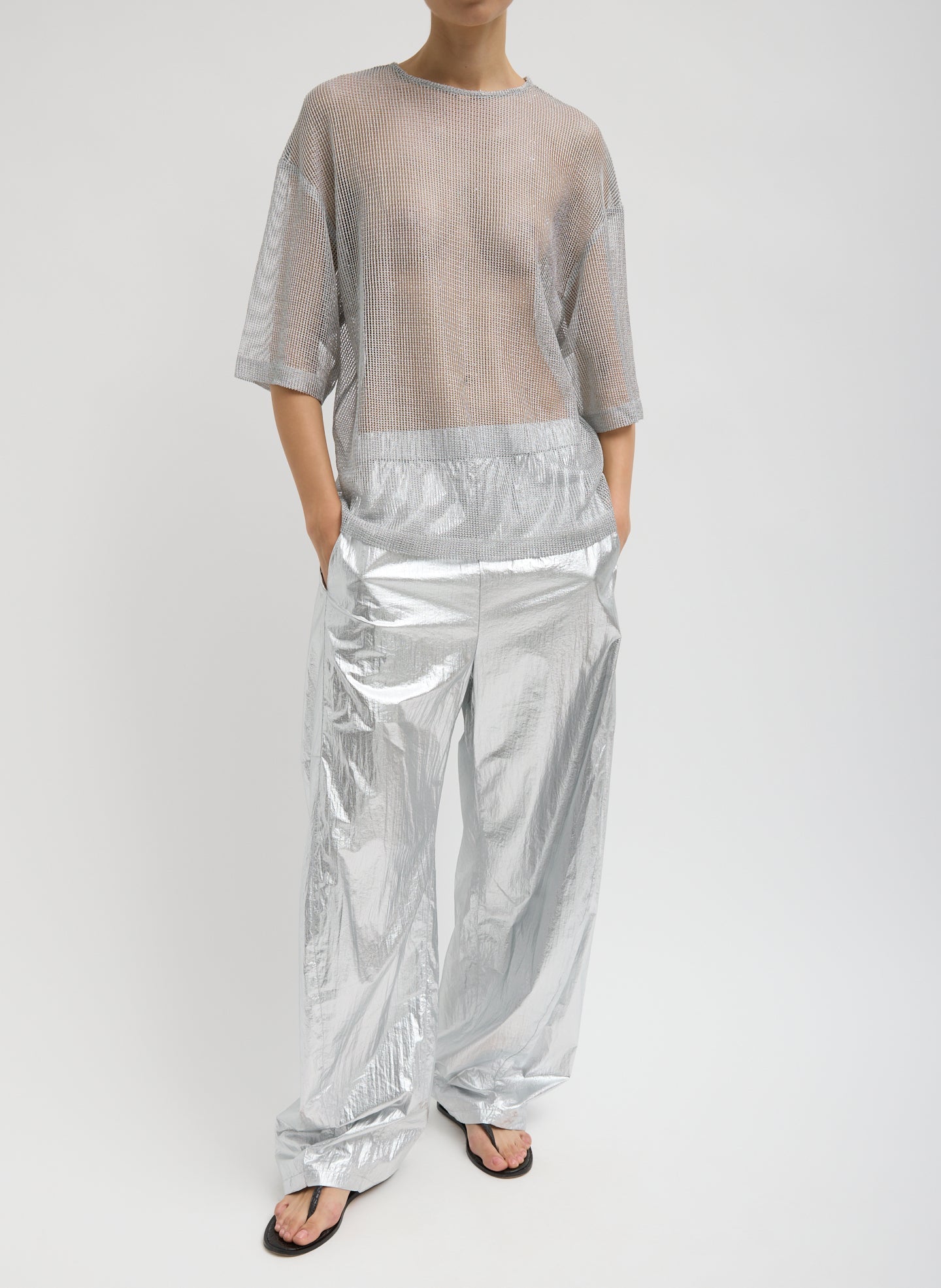 Viscose Metallic Mesh Easy T-Shirt | Tibi Silver