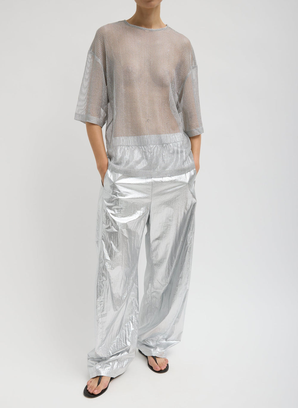 Viscose Metallic Mesh Easy T-Shirt | Tibi Silver