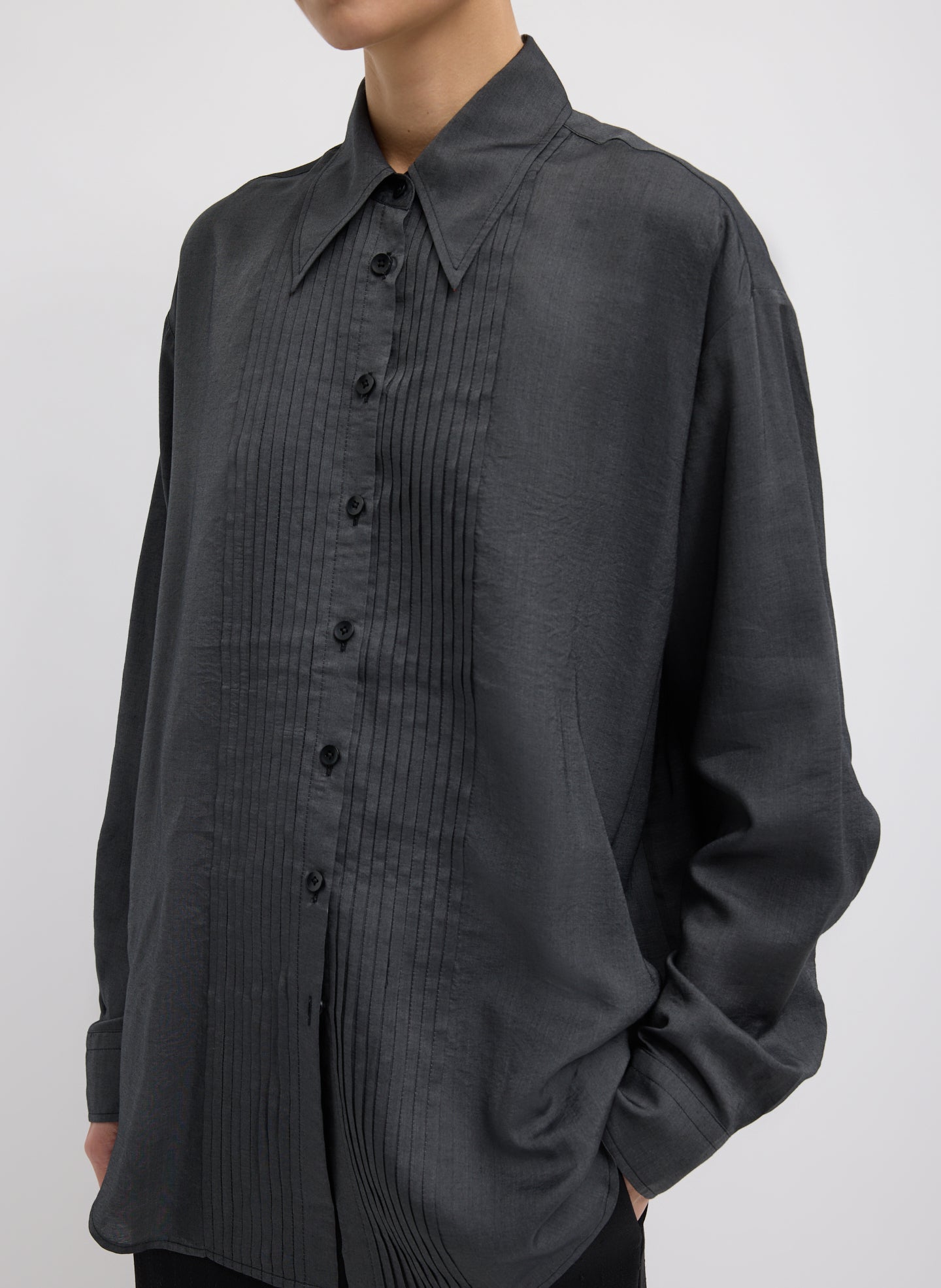 Silk Voile Easy Pintucked Shirt | Tibi Graphite