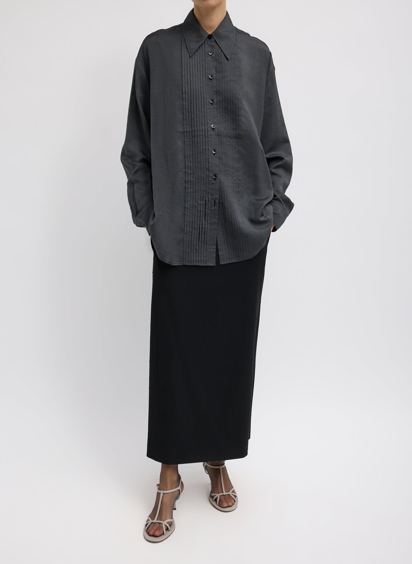 Silk Voile Easy Pintucked Shirt | Tibi Graphite