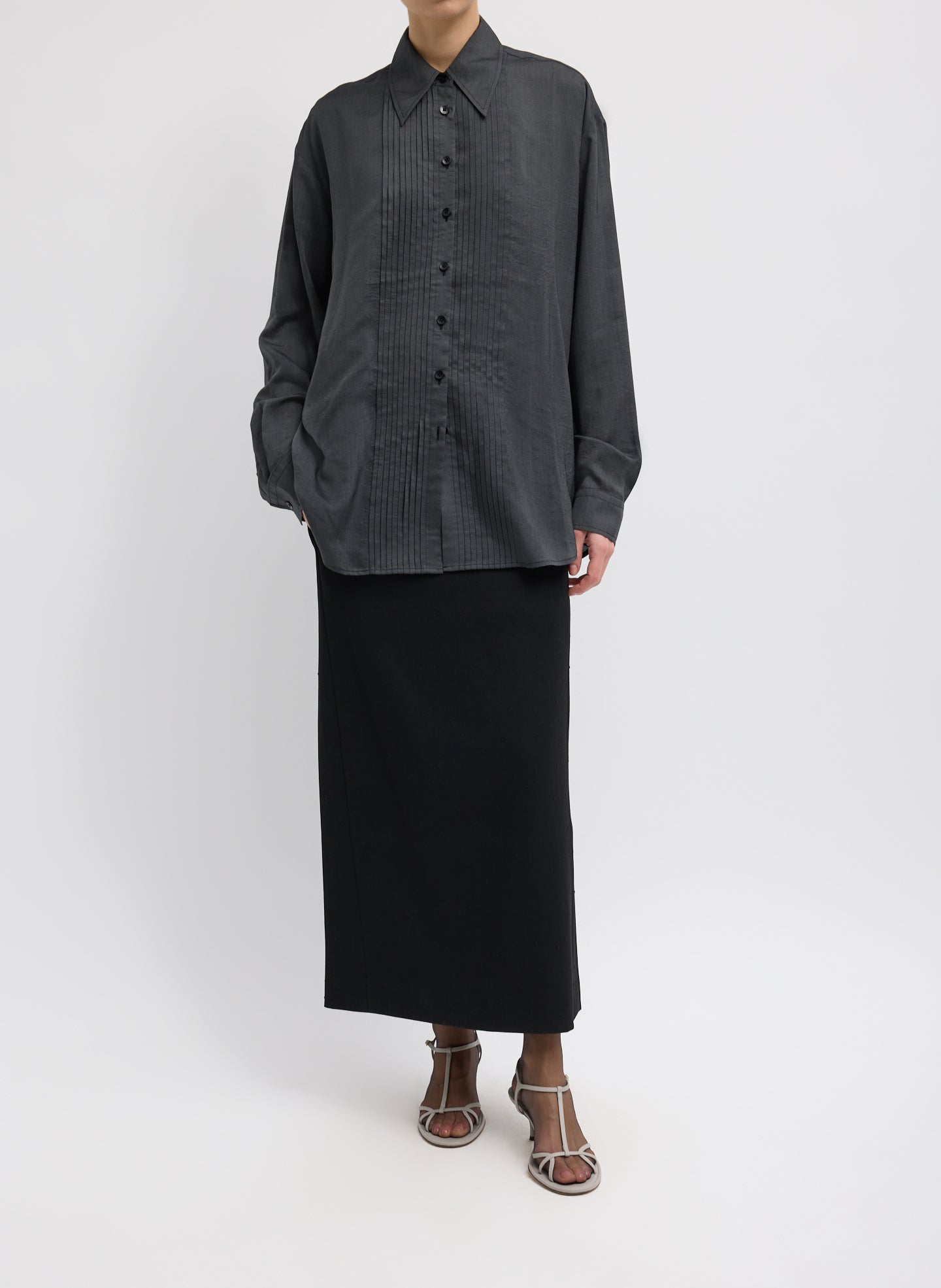 Silk Voile Easy Pintucked Shirt | Tibi Graphite