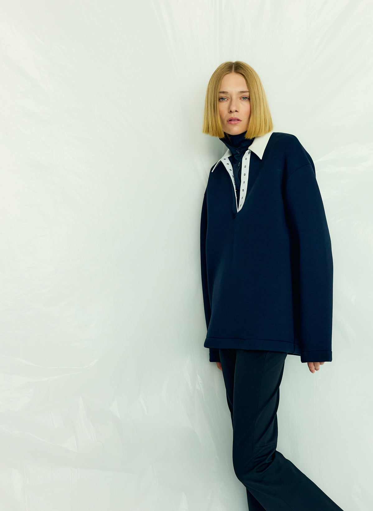 Bonded Viscose Sculpted Polo | Tibi Dark Navy