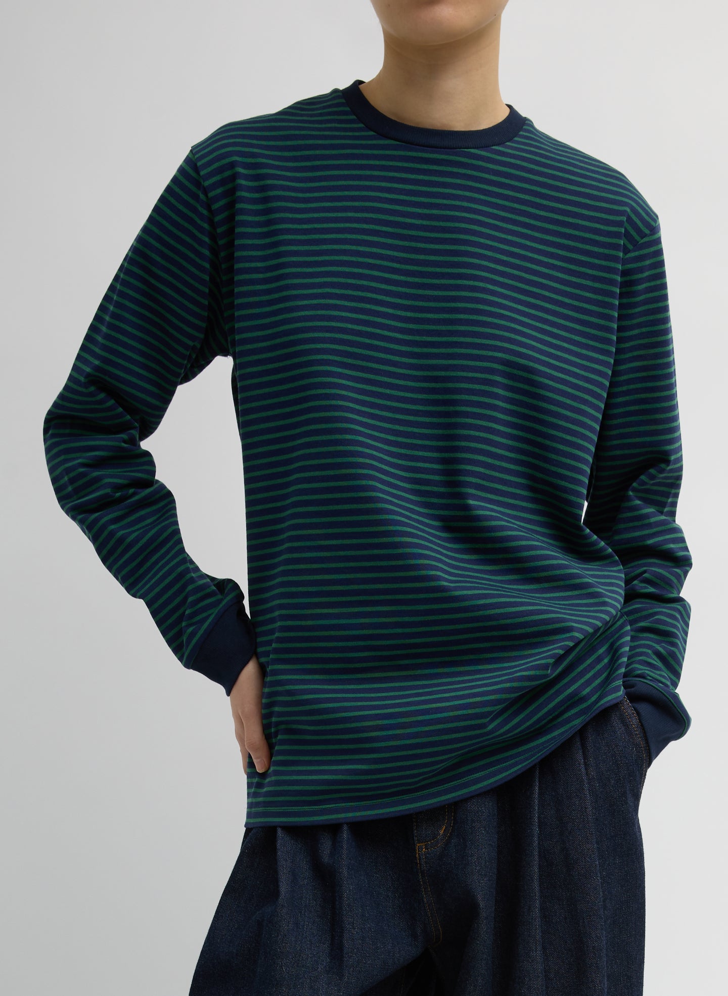 Striped Perfect Unisex Long Sleeve T-Shirt | Tibi Navy/Green Multi