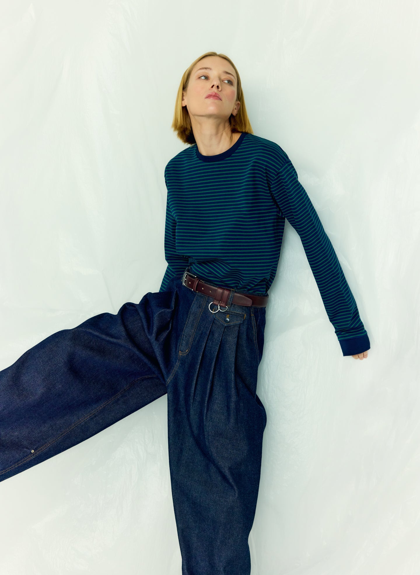 Striped Perfect Unisex Long Sleeve T-Shirt | Tibi Navy/Green Multi