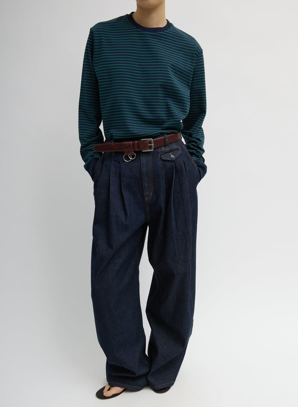 Striped Perfect Unisex Long Sleeve T-Shirt | Tibi Navy/Green Multi