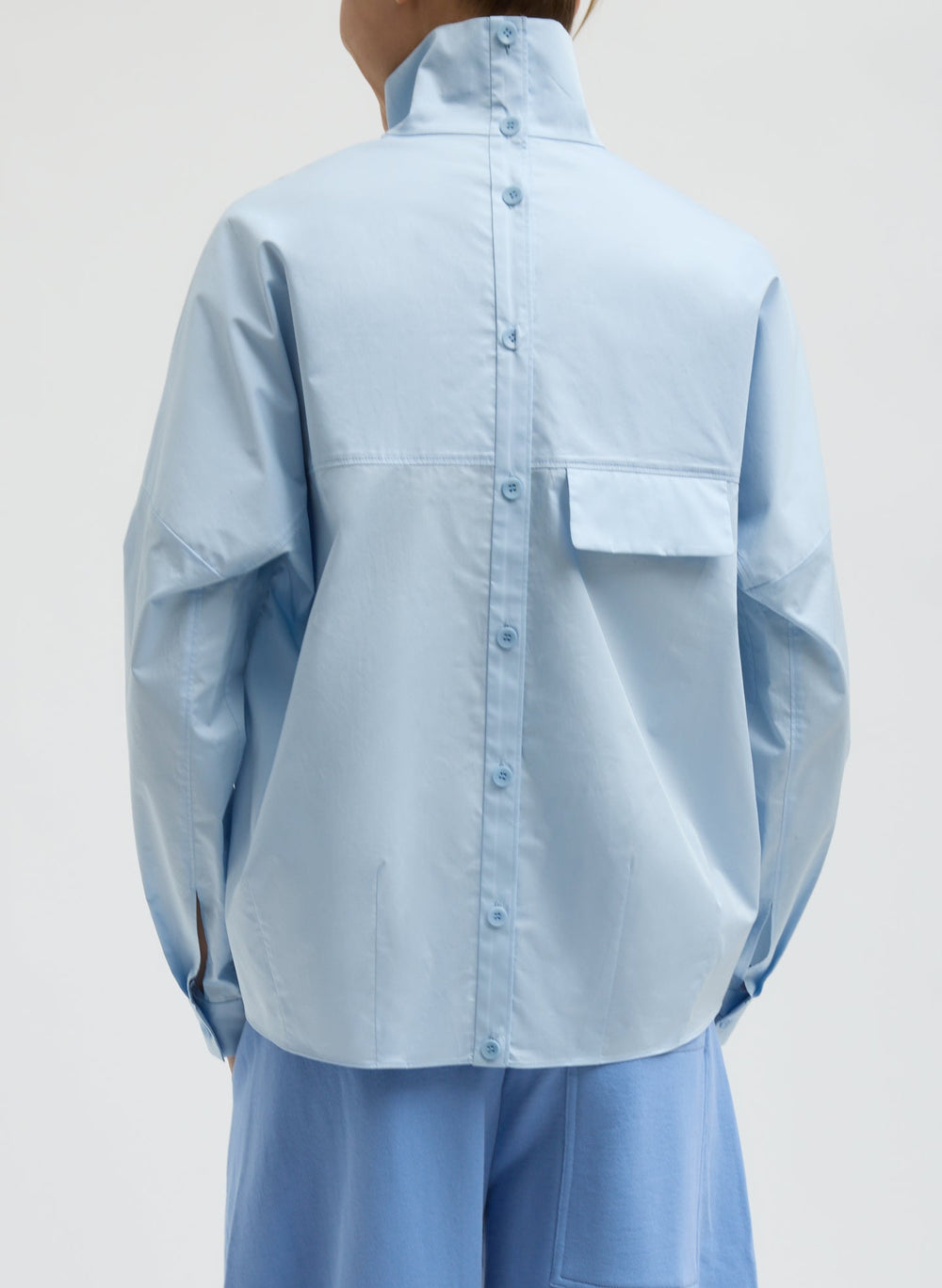 Eco Poplin Funnel Neck Dolman Top | Tibi Chambray Blue