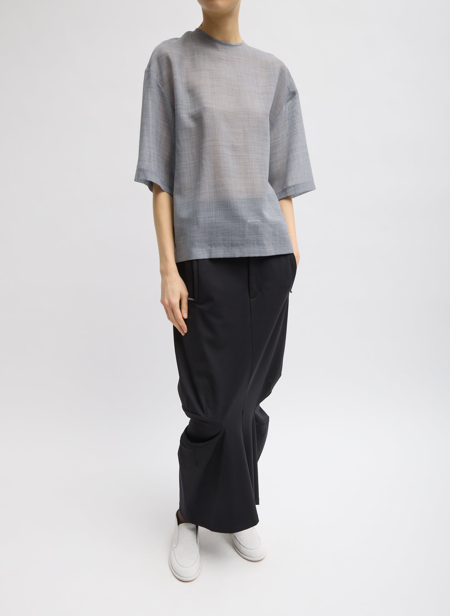 Sheer Wool Gauze Easy T-Shirt | Tibi Heather Grey