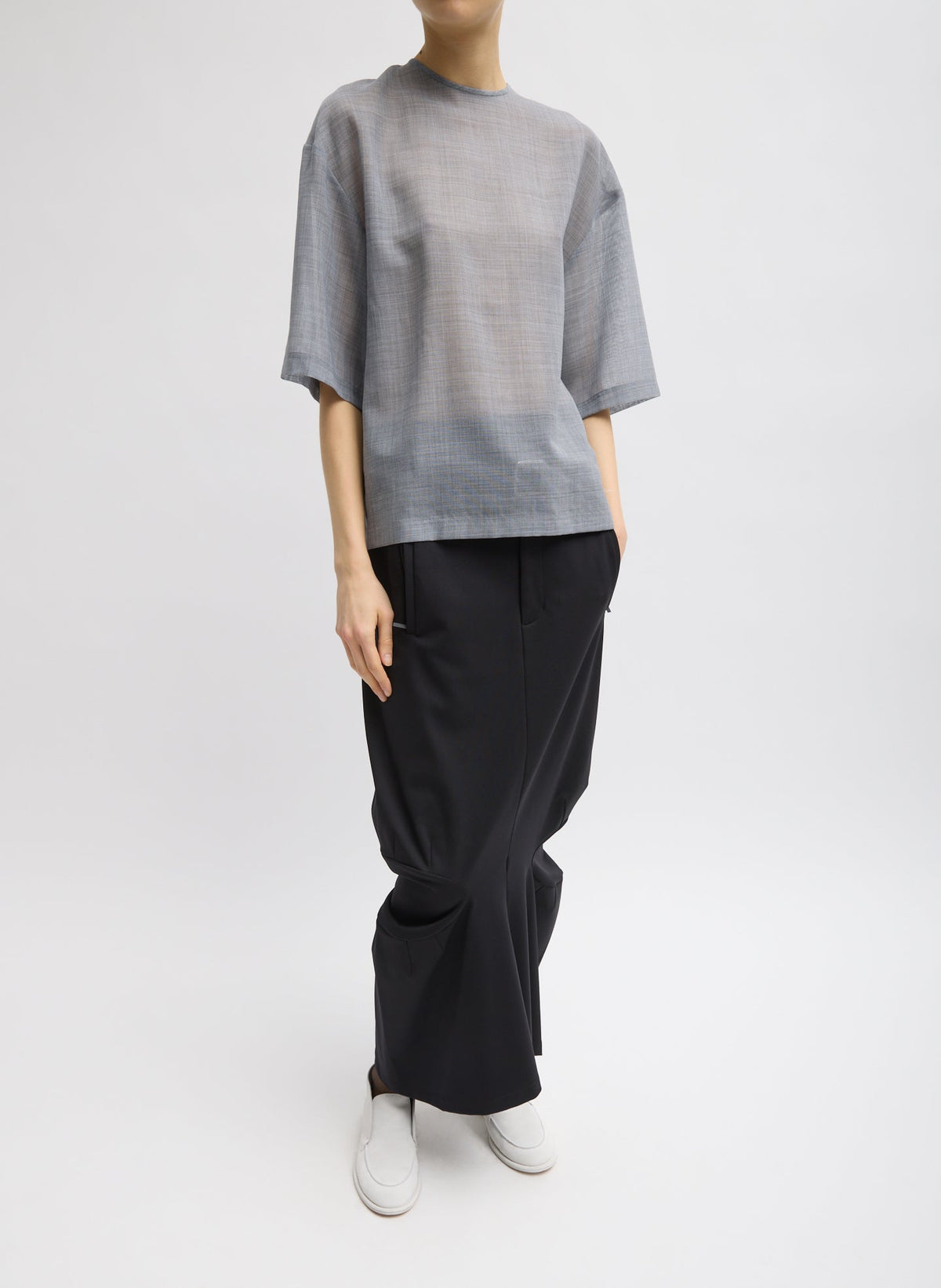 Sheer Wool Gauze Easy T-Shirt | Tibi Heather Grey