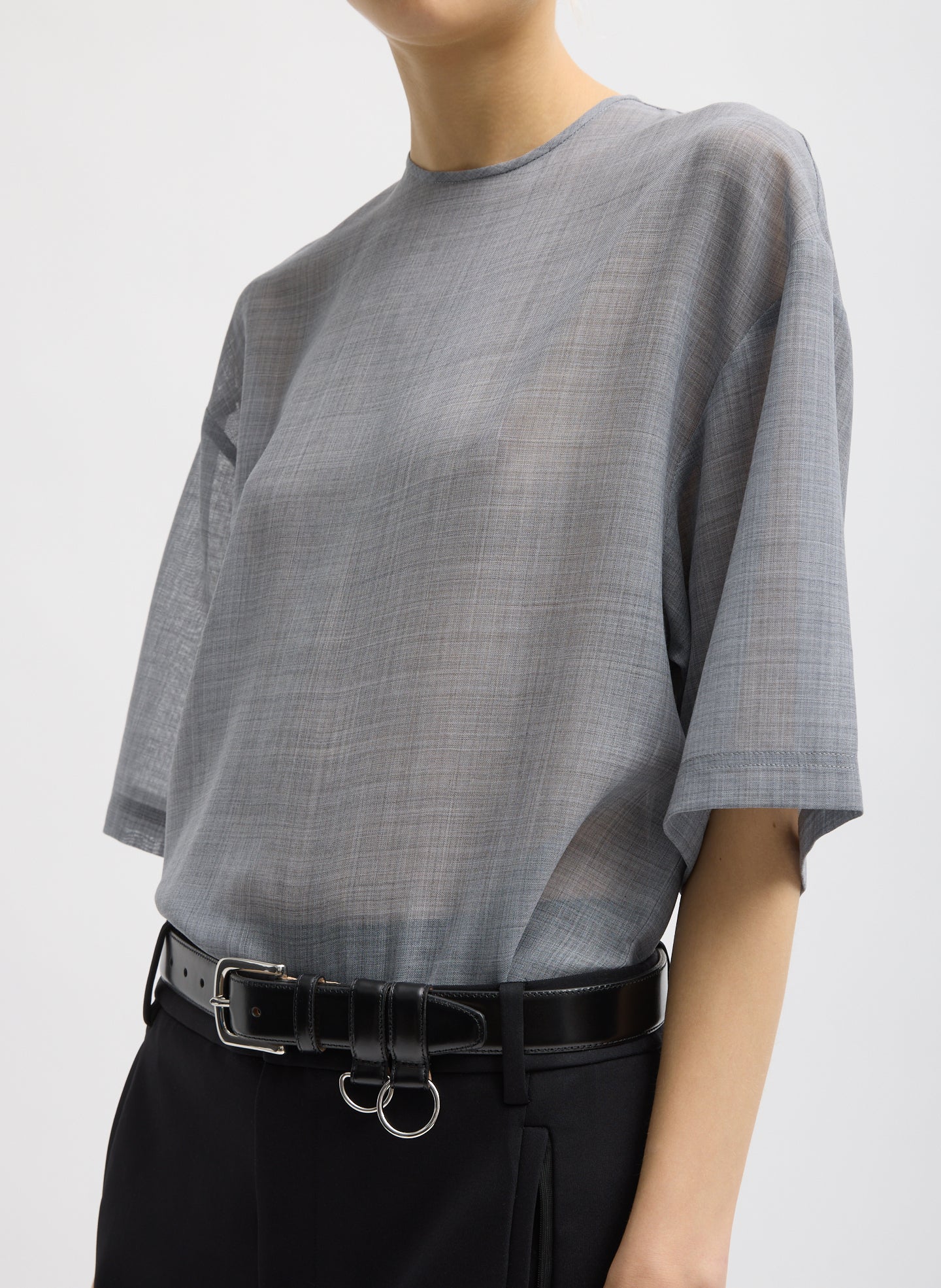Sheer Wool Gauze Easy T-Shirt | Tibi Heather Grey
